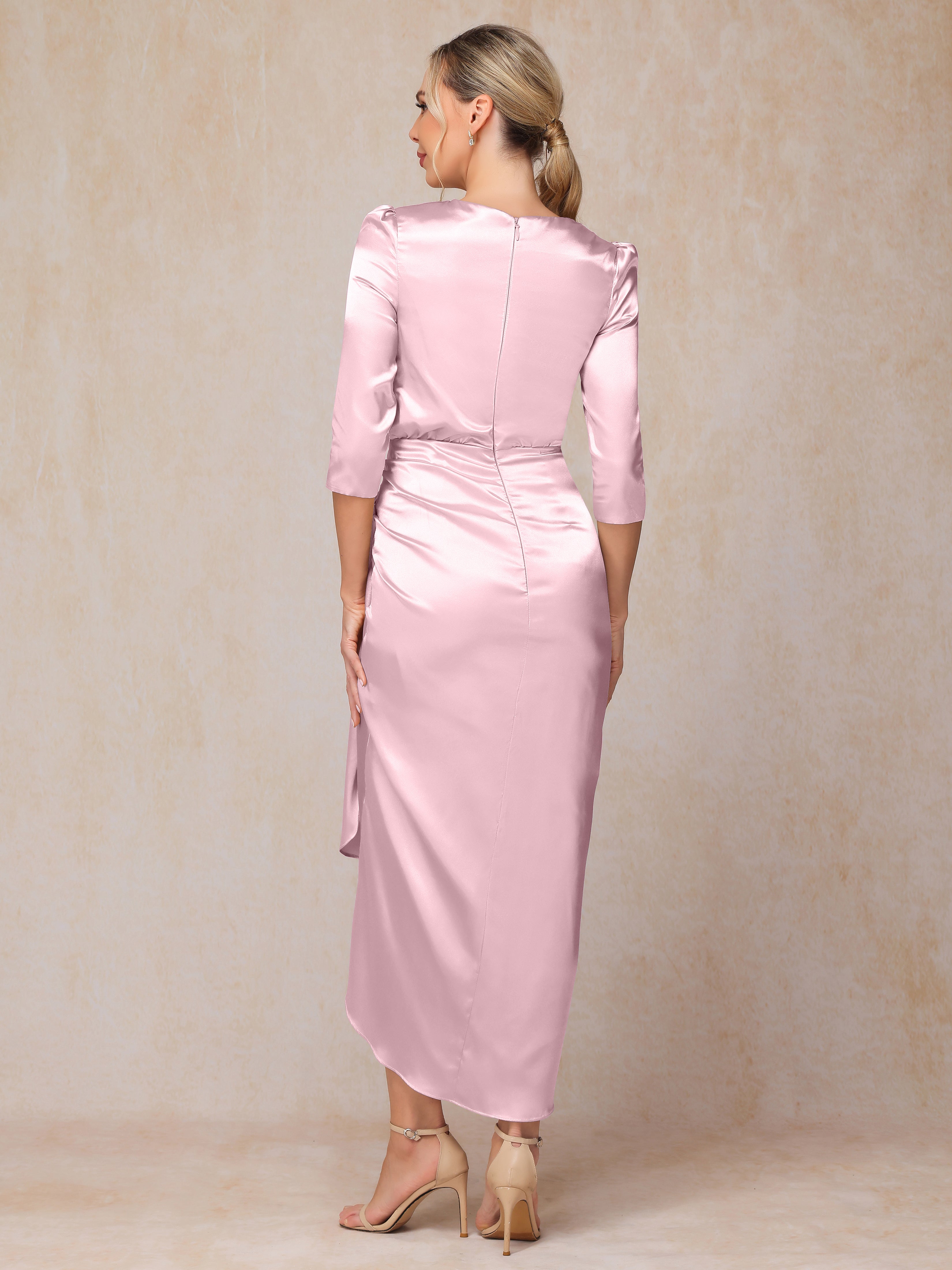 Half Sleeves Ankle Length Soft Satin Wedding Guest Dress