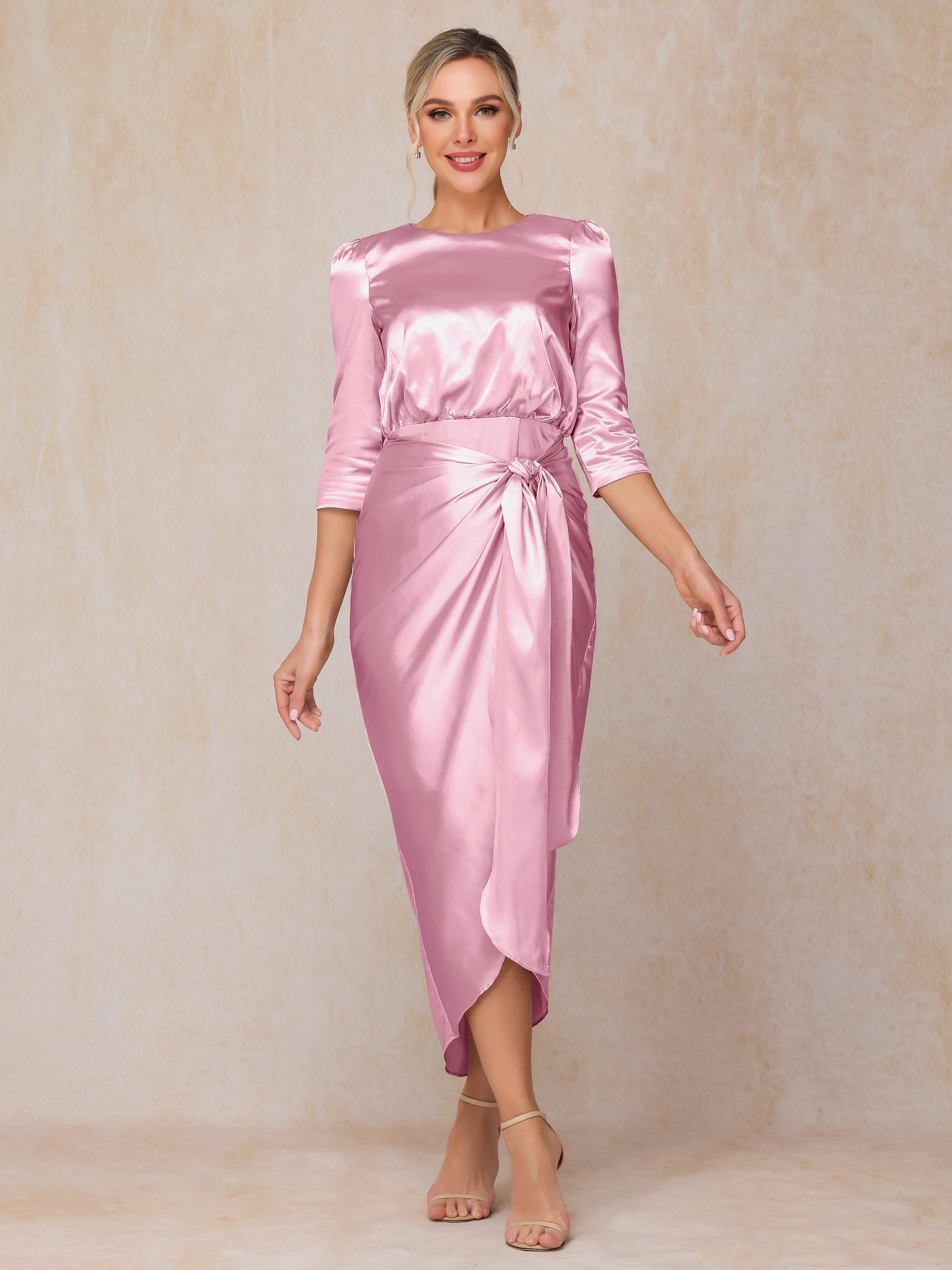 Half Sleeves Ankle Length Soft Satin Wedding Guest Dress