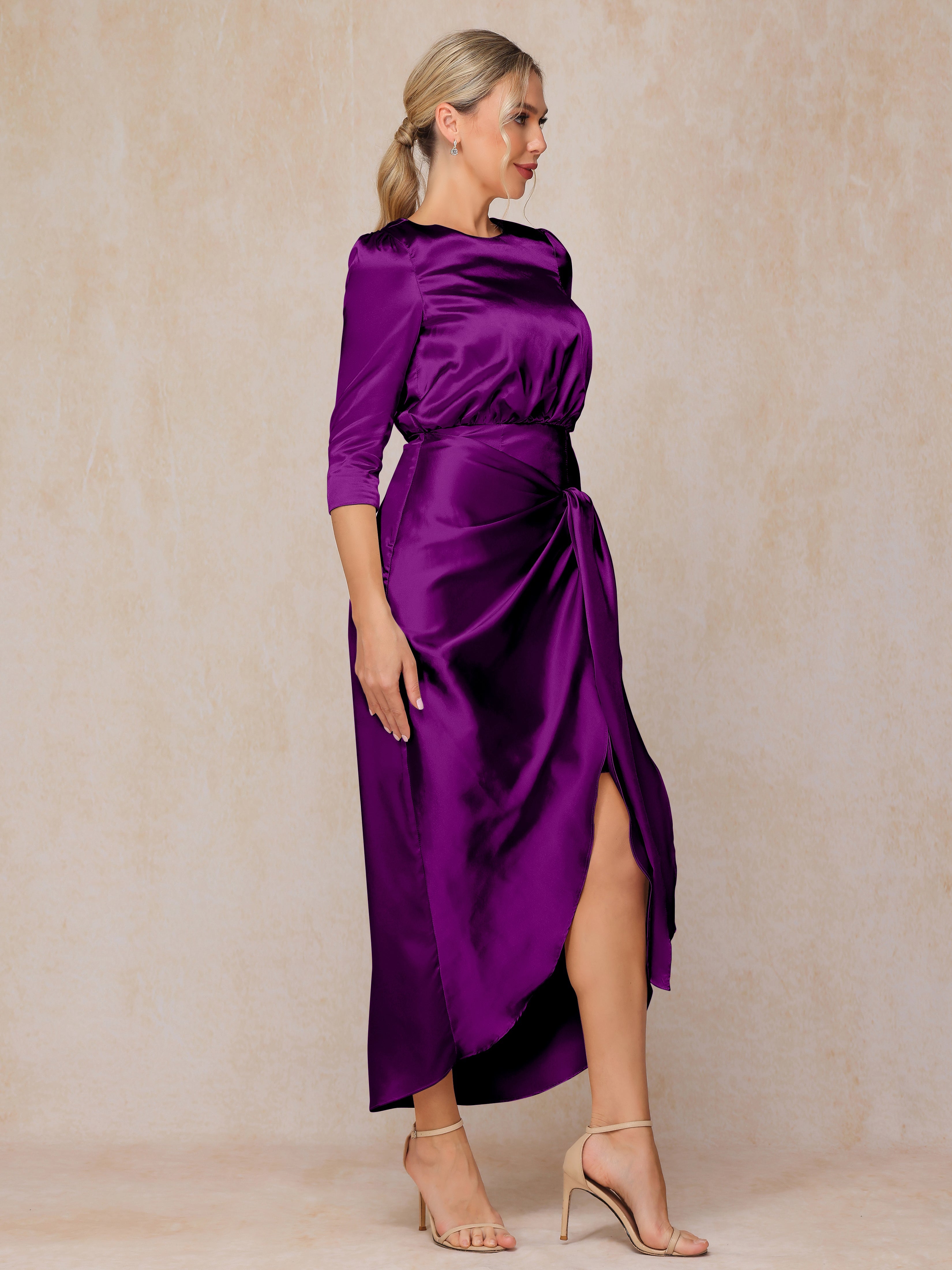 Half Sleeves Ankle Length Soft Satin Wedding Guest Dress