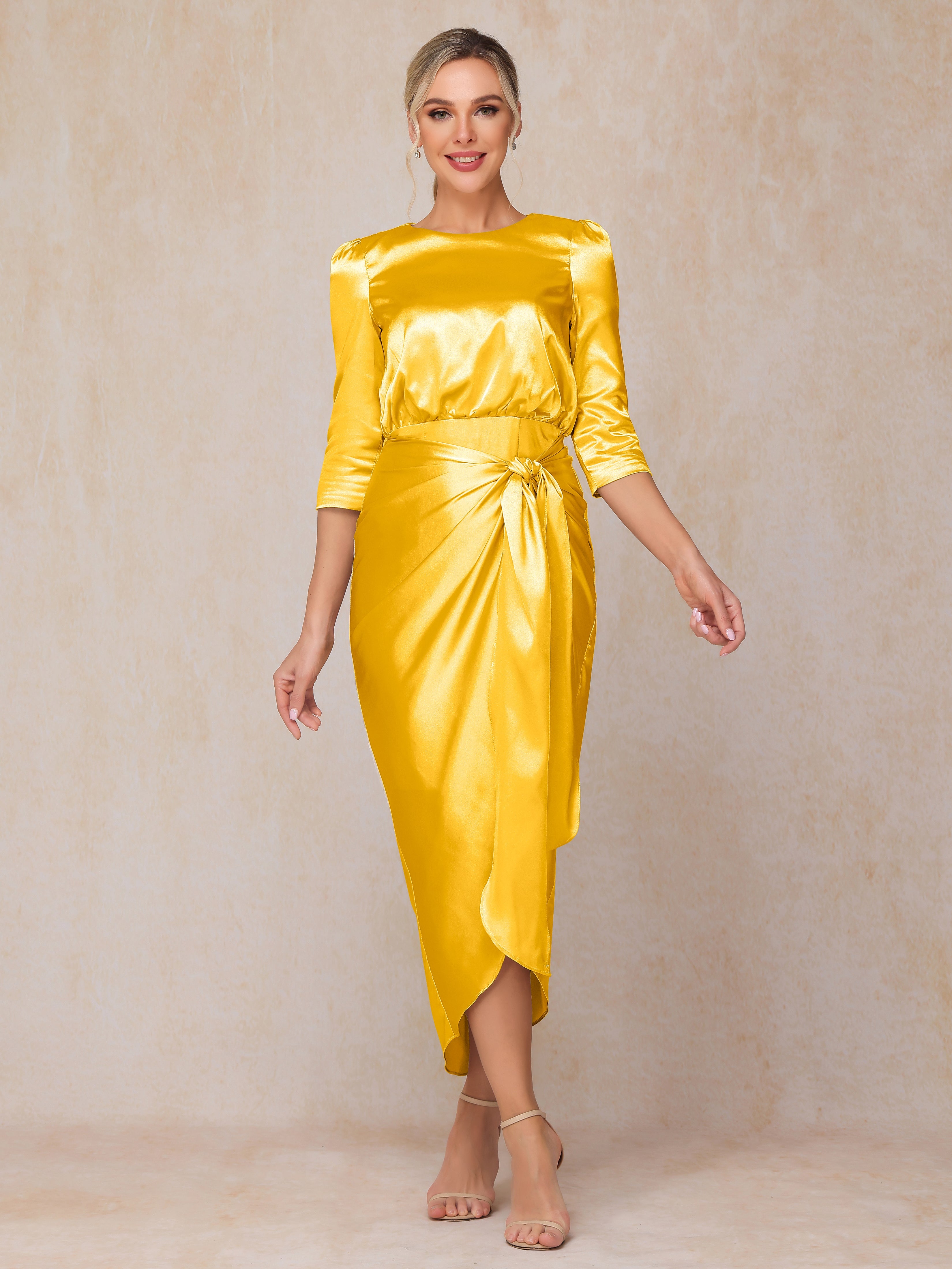 Half Sleeves Ankle Length Soft Satin Wedding Guest Dress