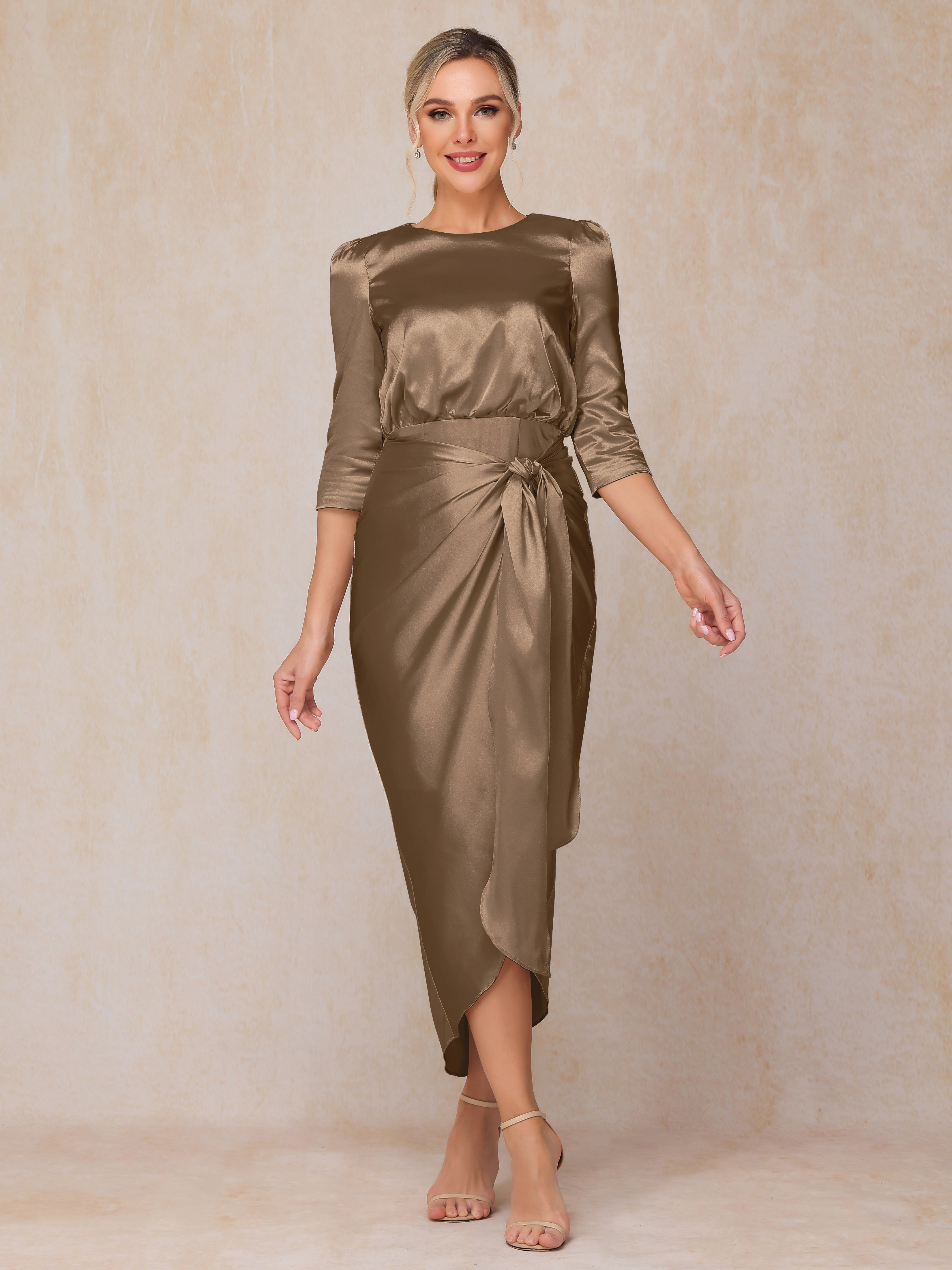 Half Sleeves Ankle Length Soft Satin Wedding Guest Dress