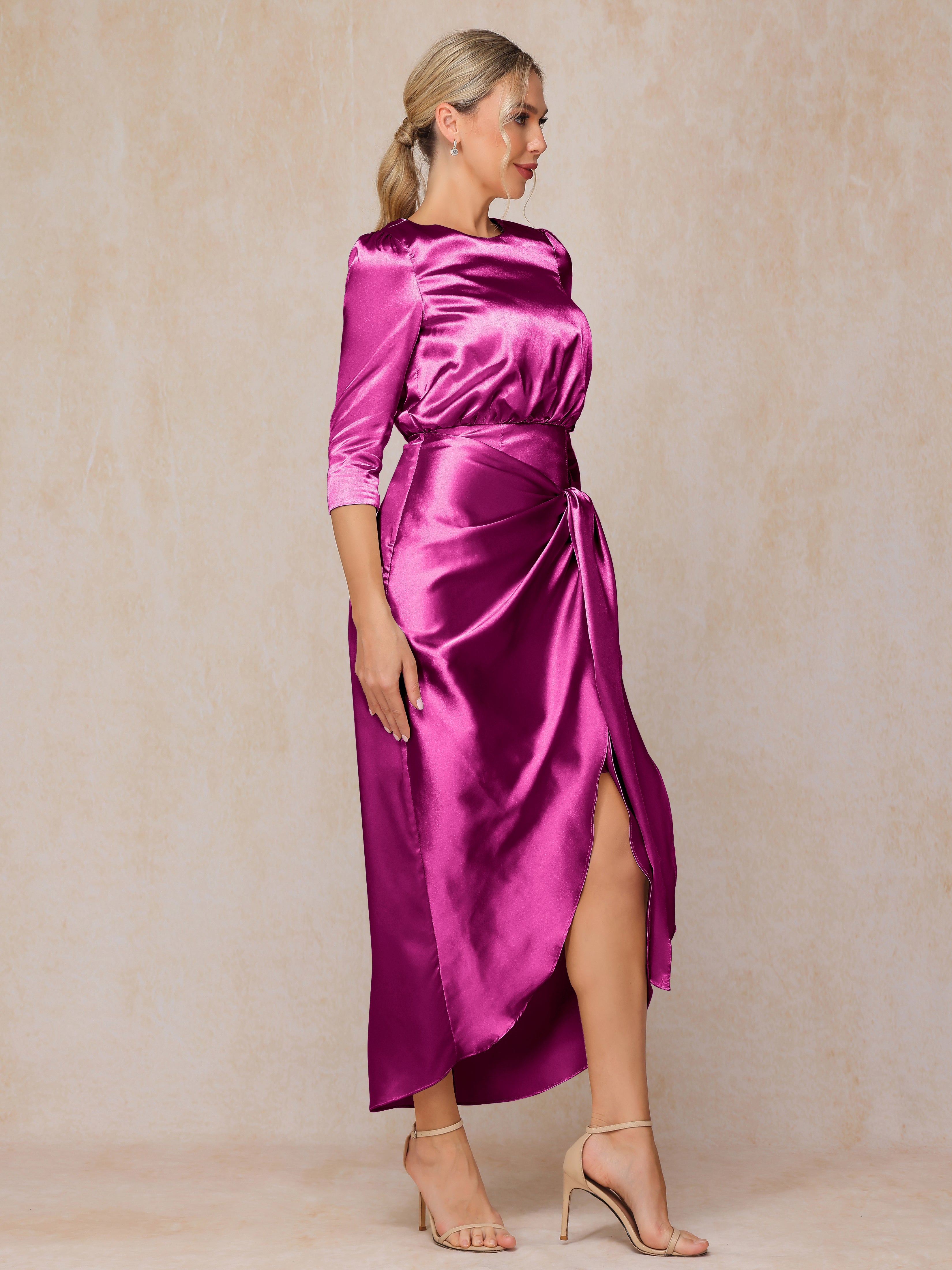 Half Sleeves Ankle Length Soft Satin Wedding Guest Dress