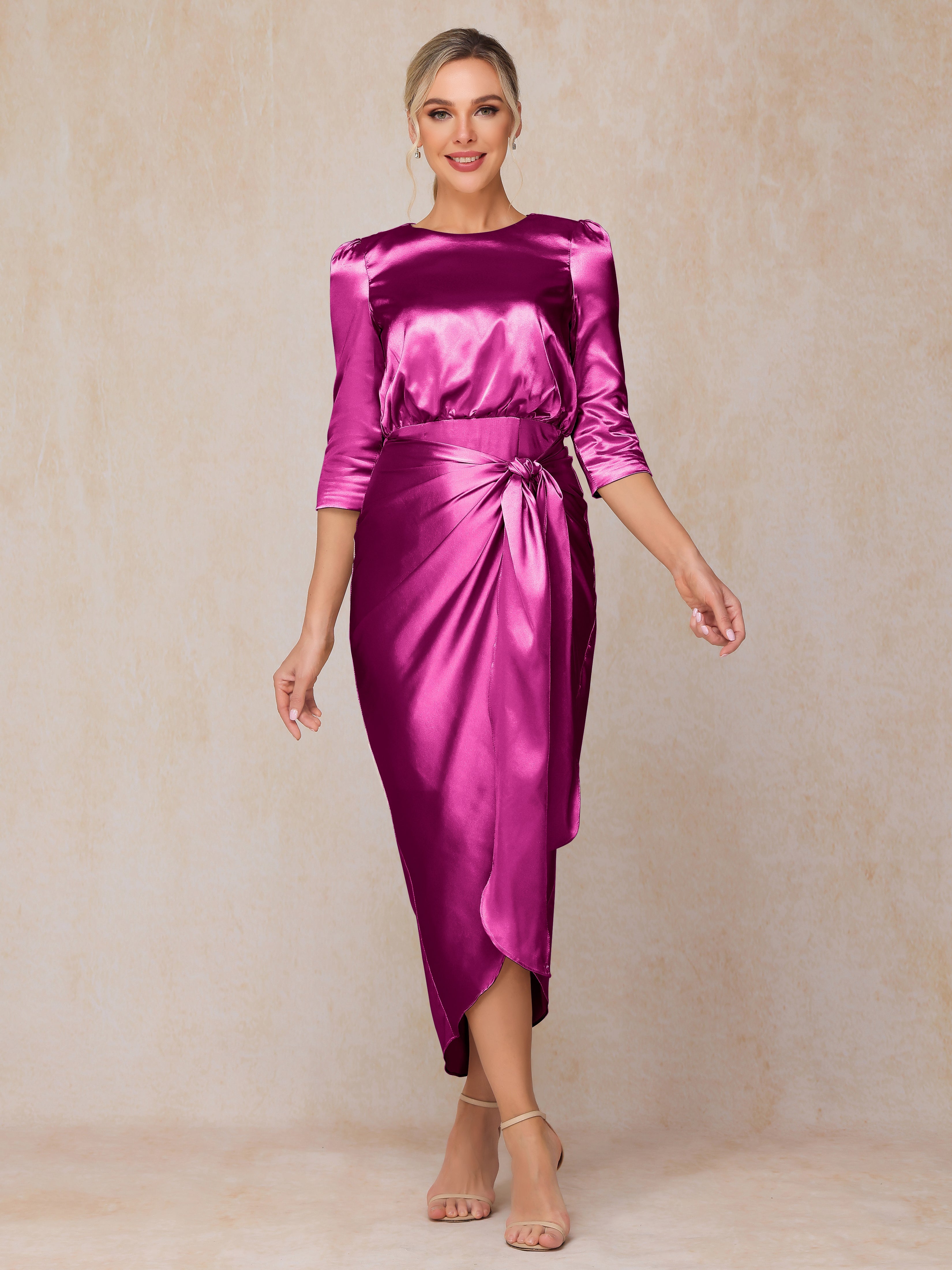 Half Sleeves Ankle Length Soft Satin Wedding Guest Dress