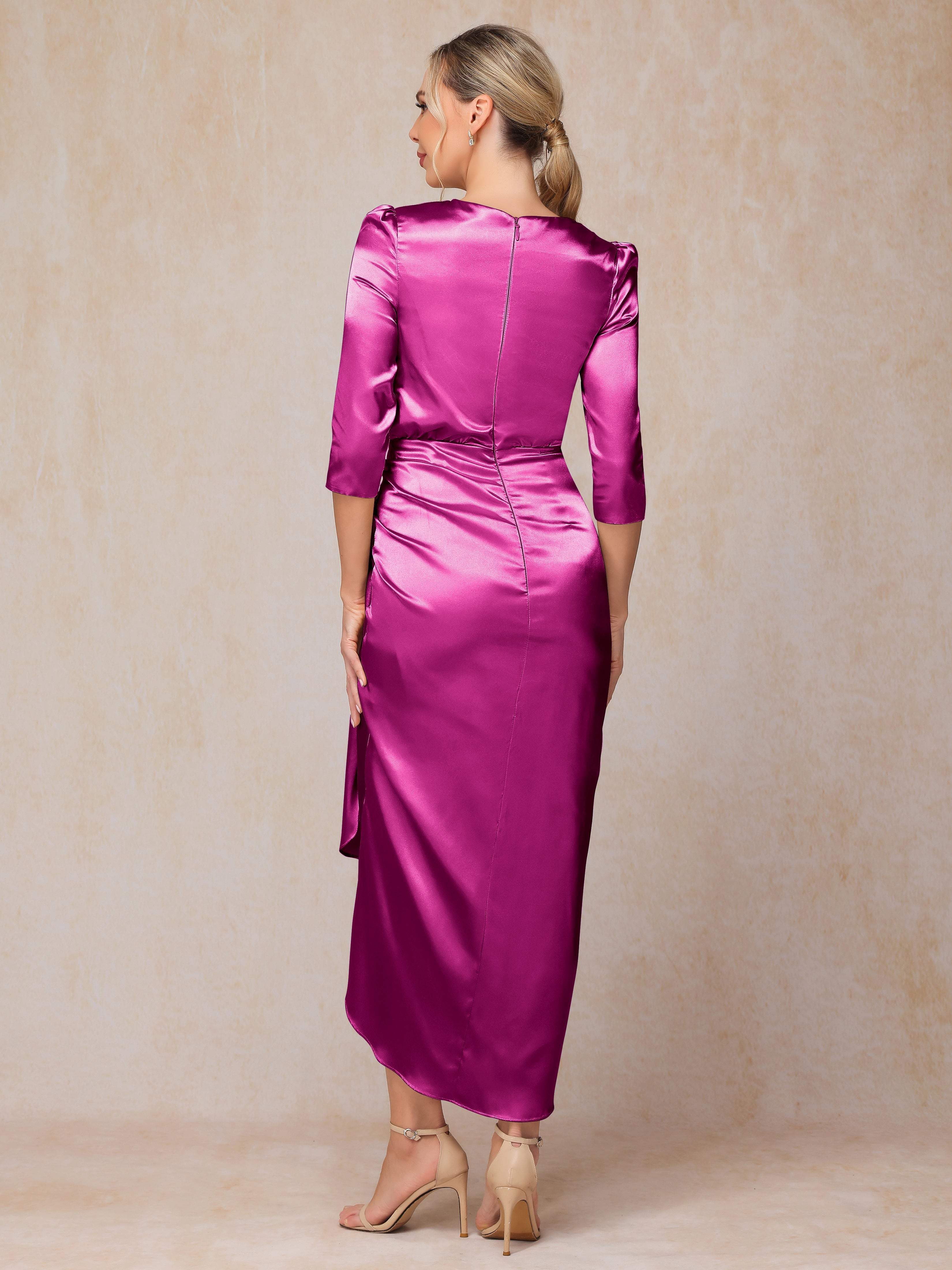 Half Sleeves Ankle Length Soft Satin Wedding Guest Dress