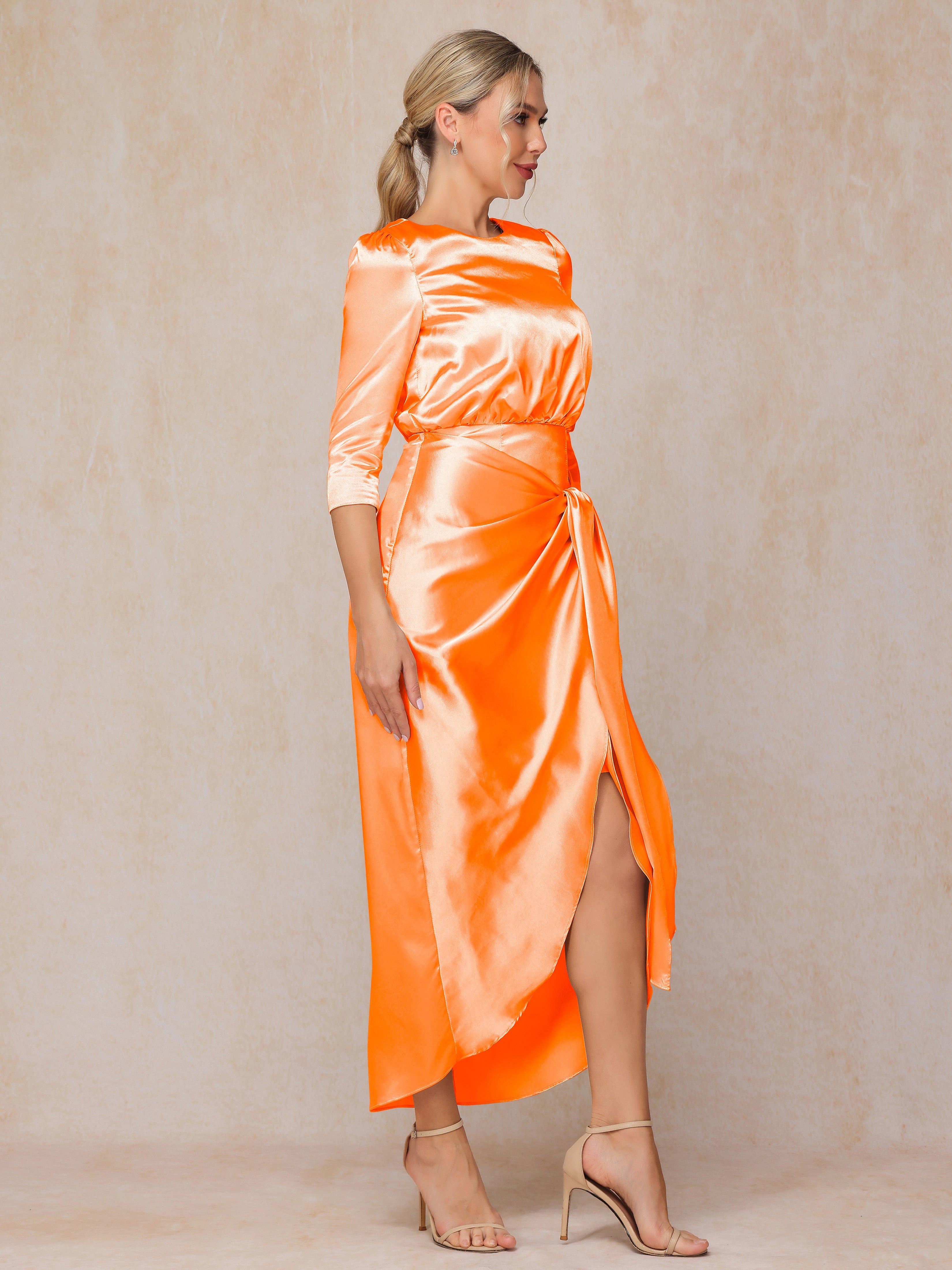Half Sleeves Ankle Length Soft Satin Wedding Guest Dress