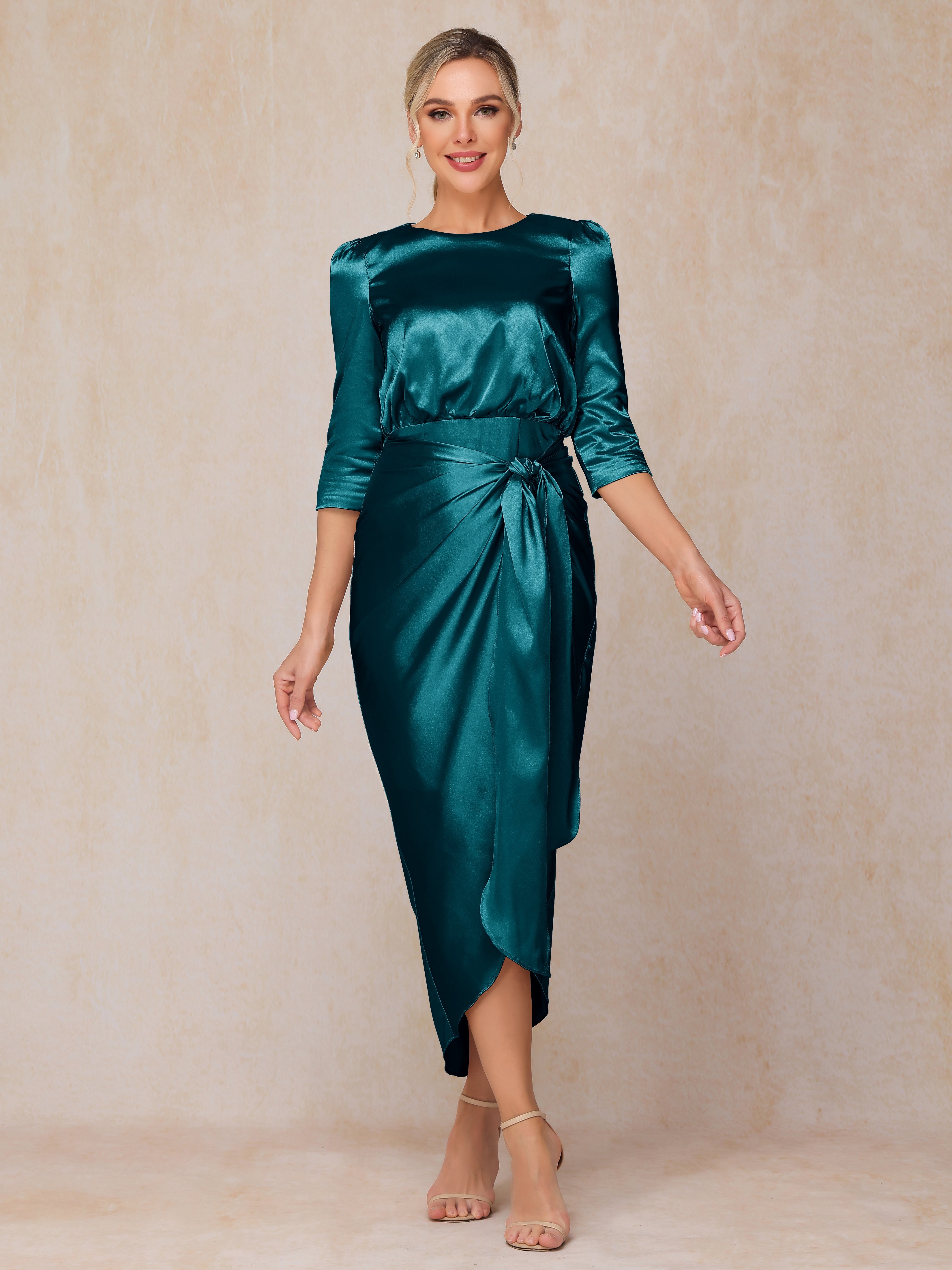 Half Sleeves Ankle Length Soft Satin Wedding Guest Dress