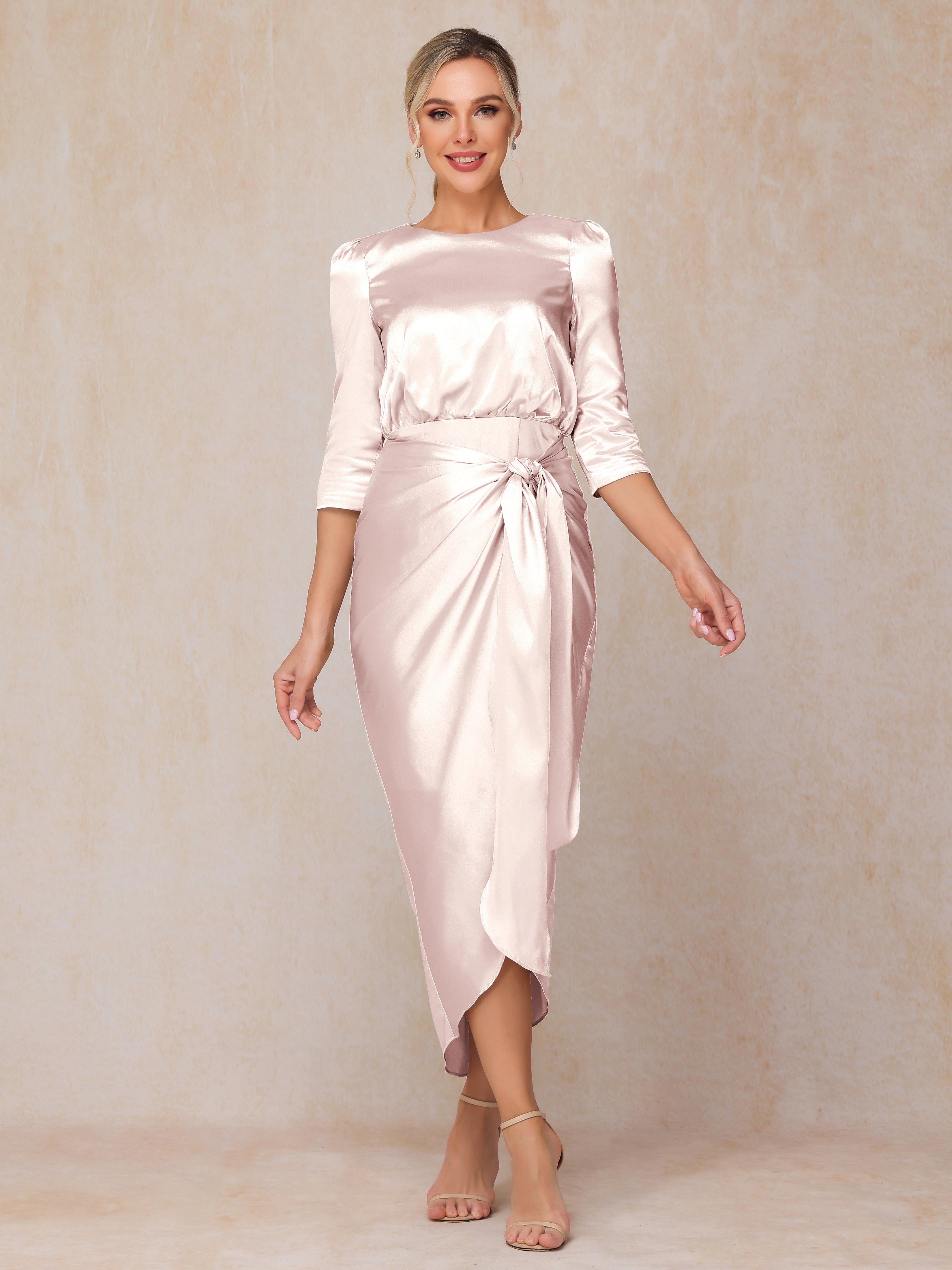 Half Sleeves Ankle Length Soft Satin Wedding Guest Dress