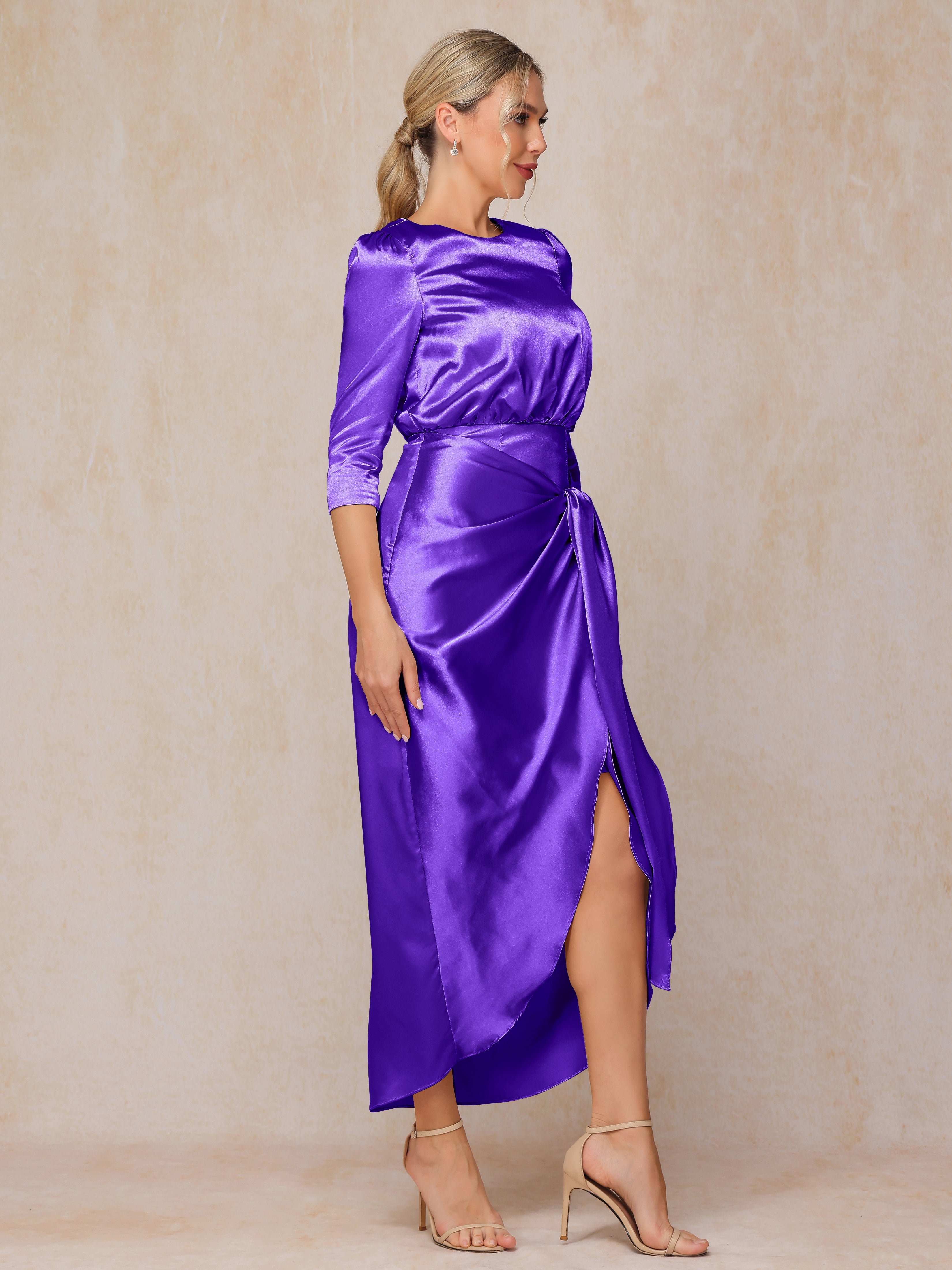 Half Sleeves Ankle Length Soft Satin Wedding Guest Dress