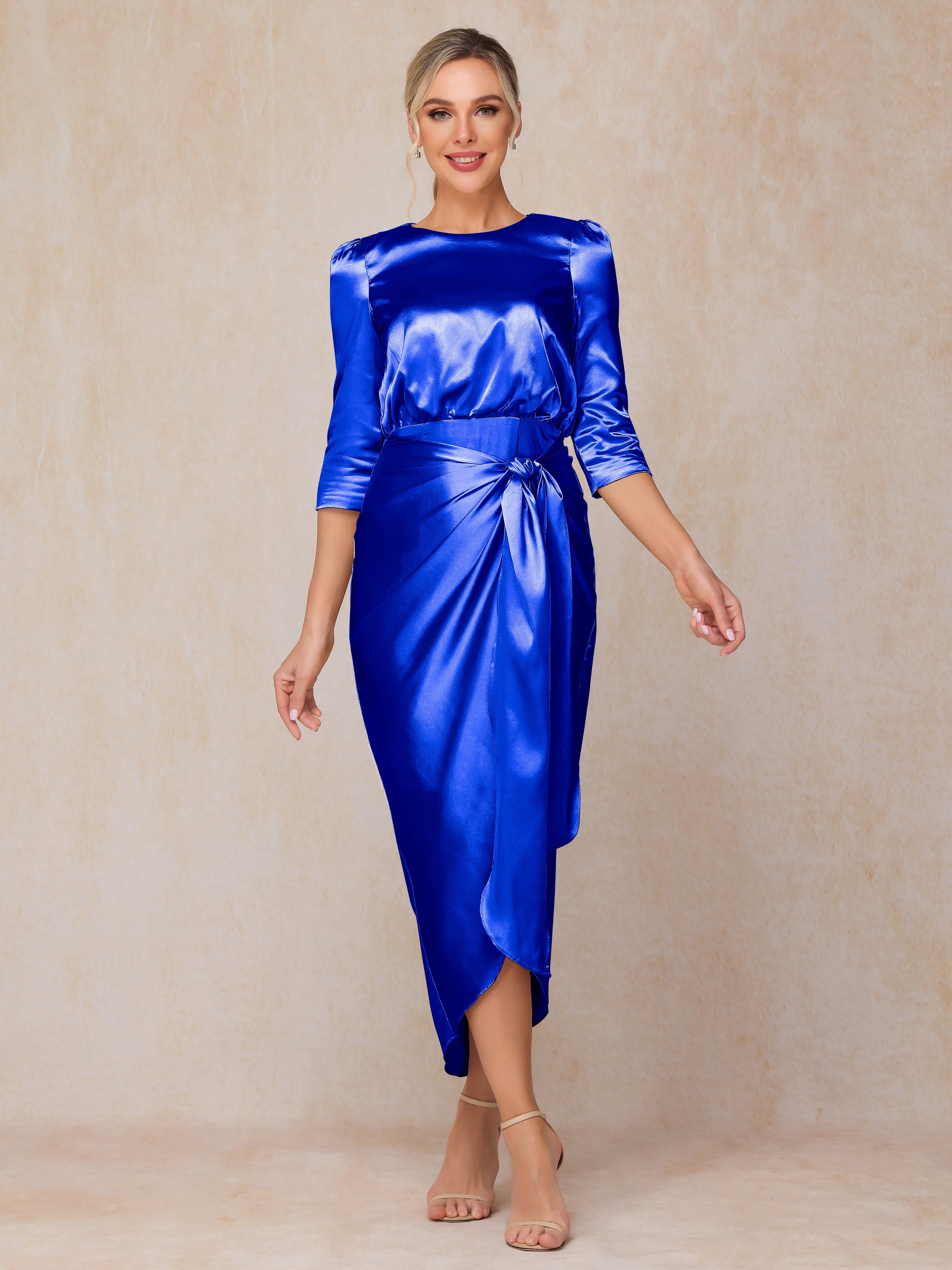 Half Sleeves Ankle Length Soft Satin Wedding Guest Dress
