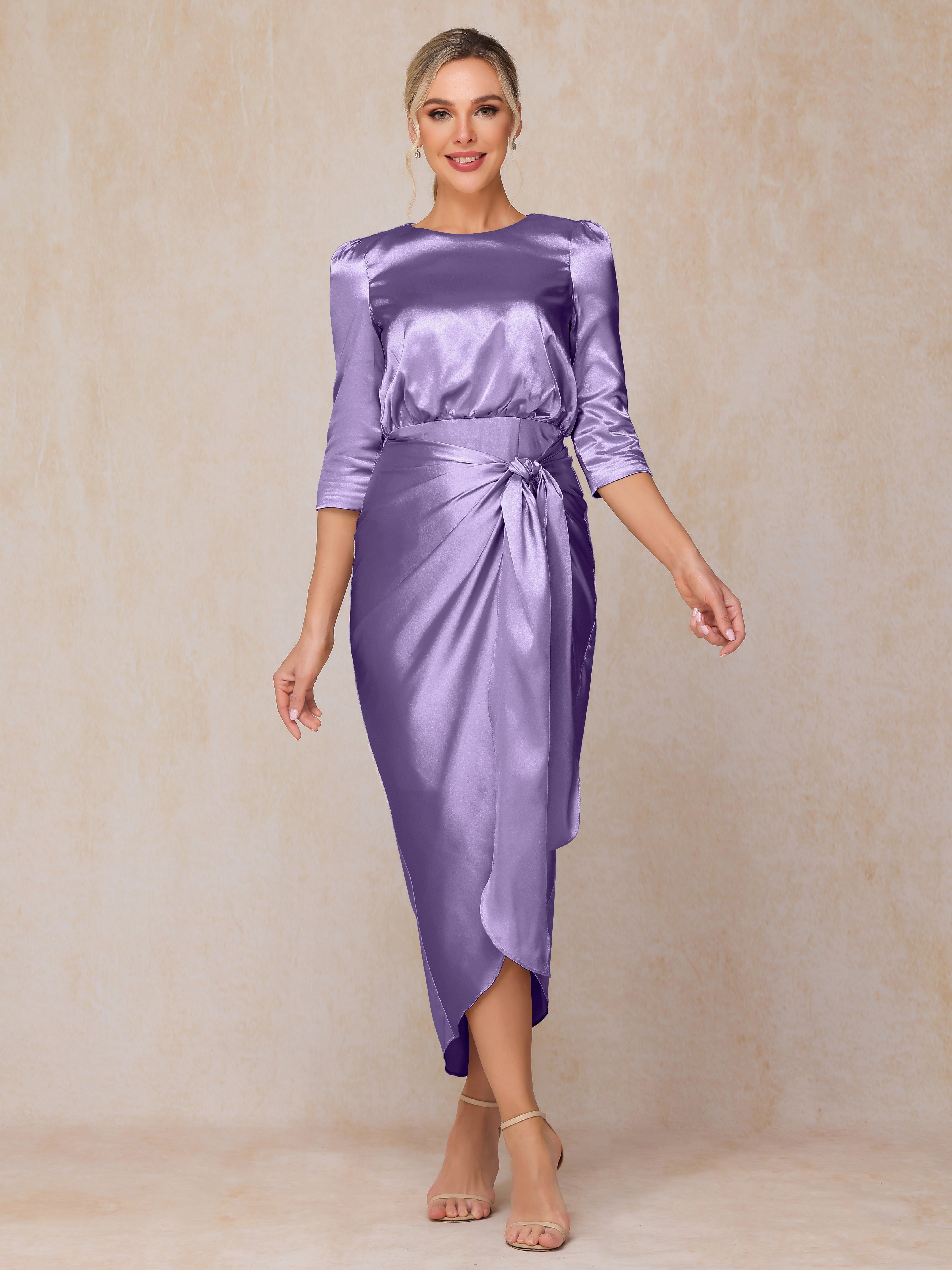 Half Sleeves Ankle Length Soft Satin Wedding Guest Dress
