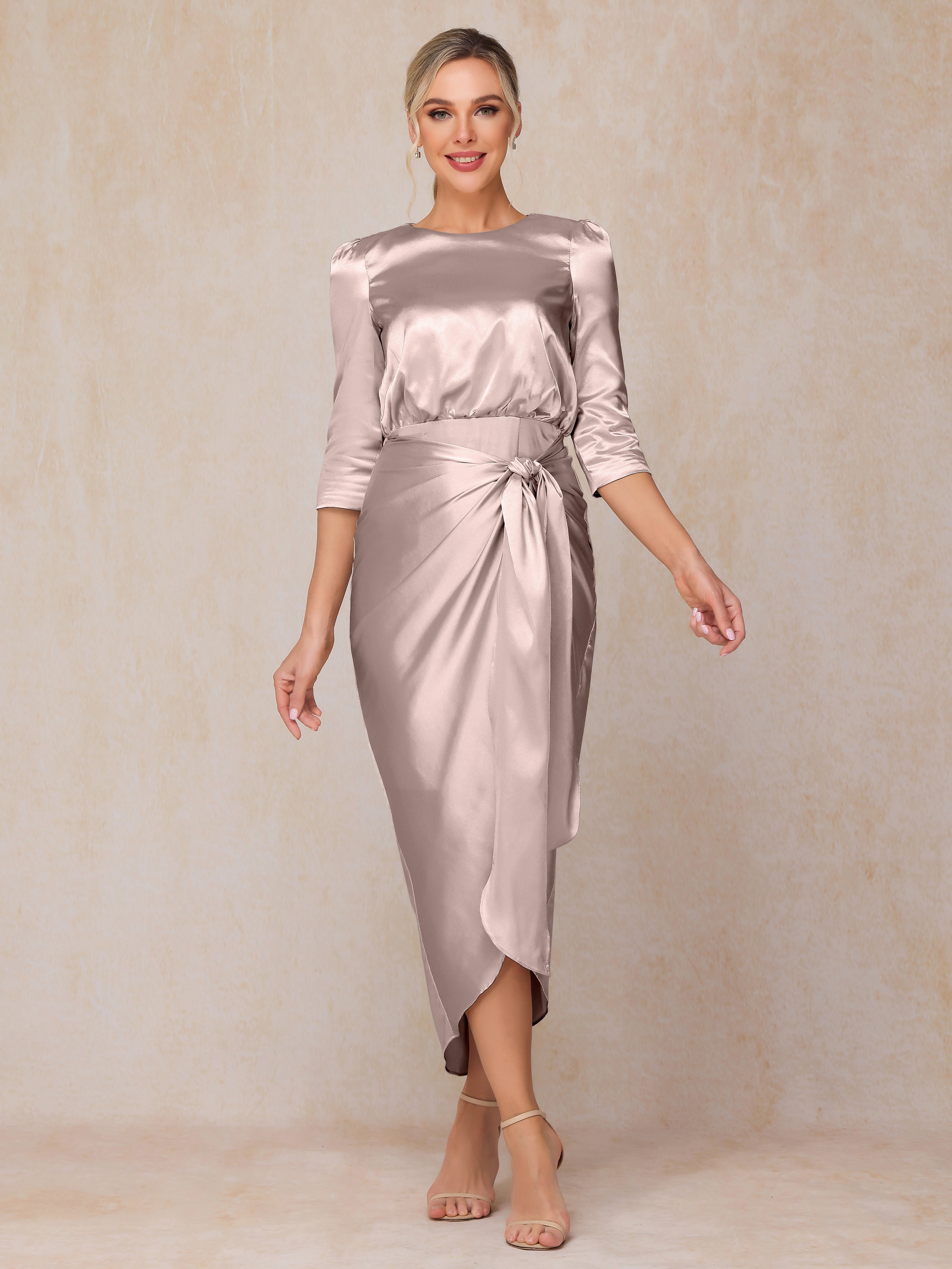 Half Sleeves Ankle Length Soft Satin Wedding Guest Dress