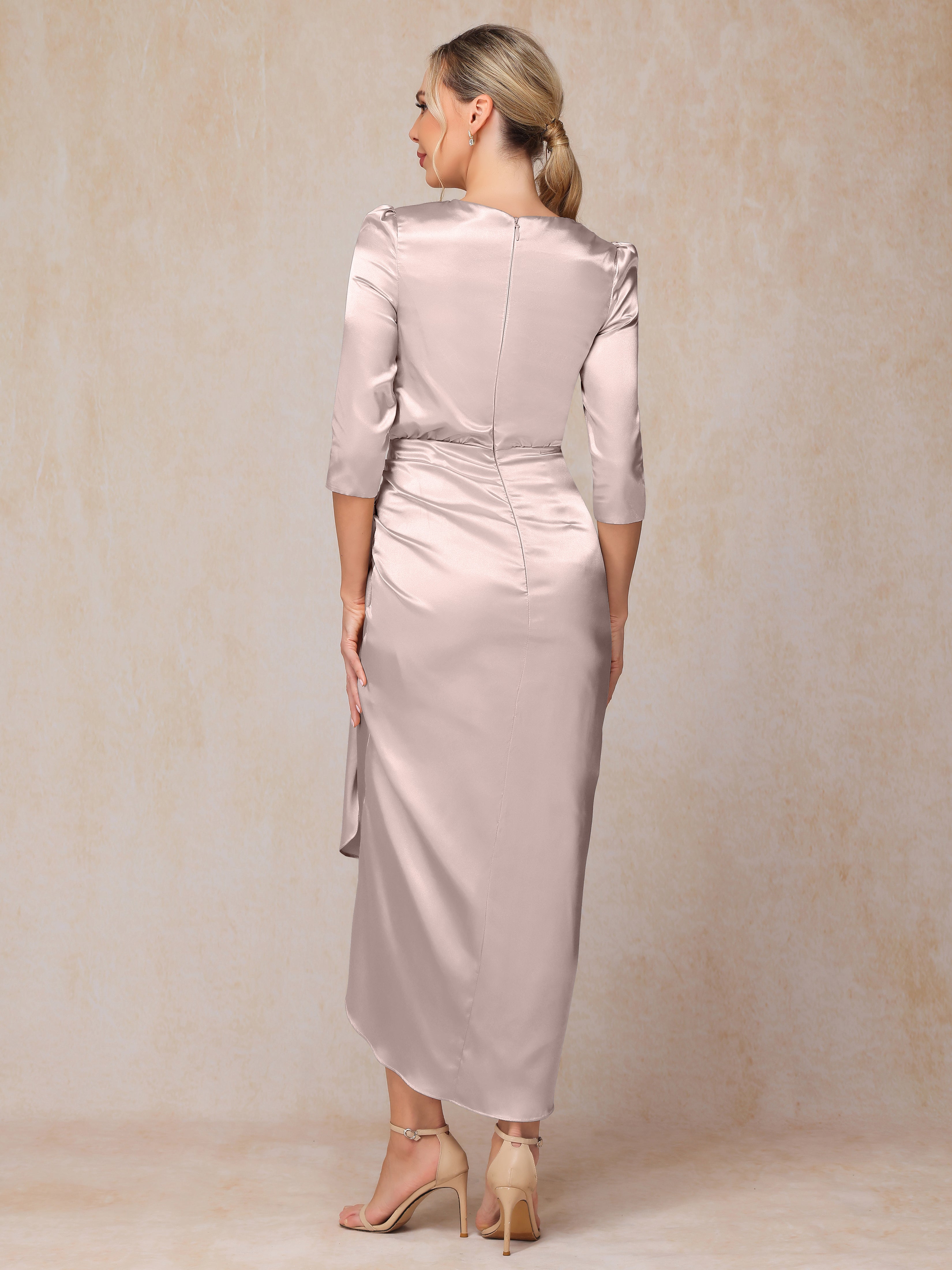Half Sleeves Ankle Length Soft Satin Wedding Guest Dress