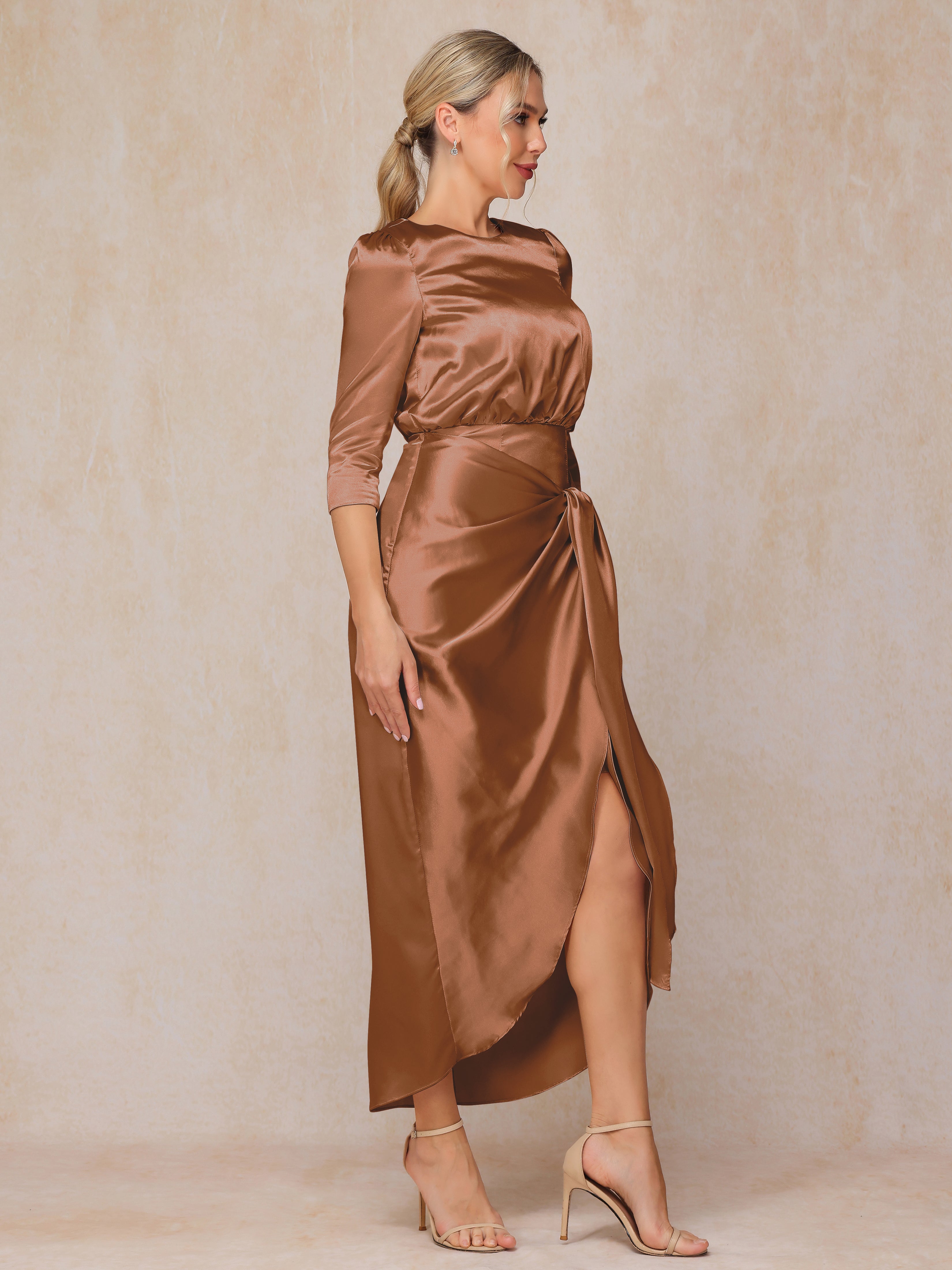 Half Sleeves Ankle Length Soft Satin Wedding Guest Dress