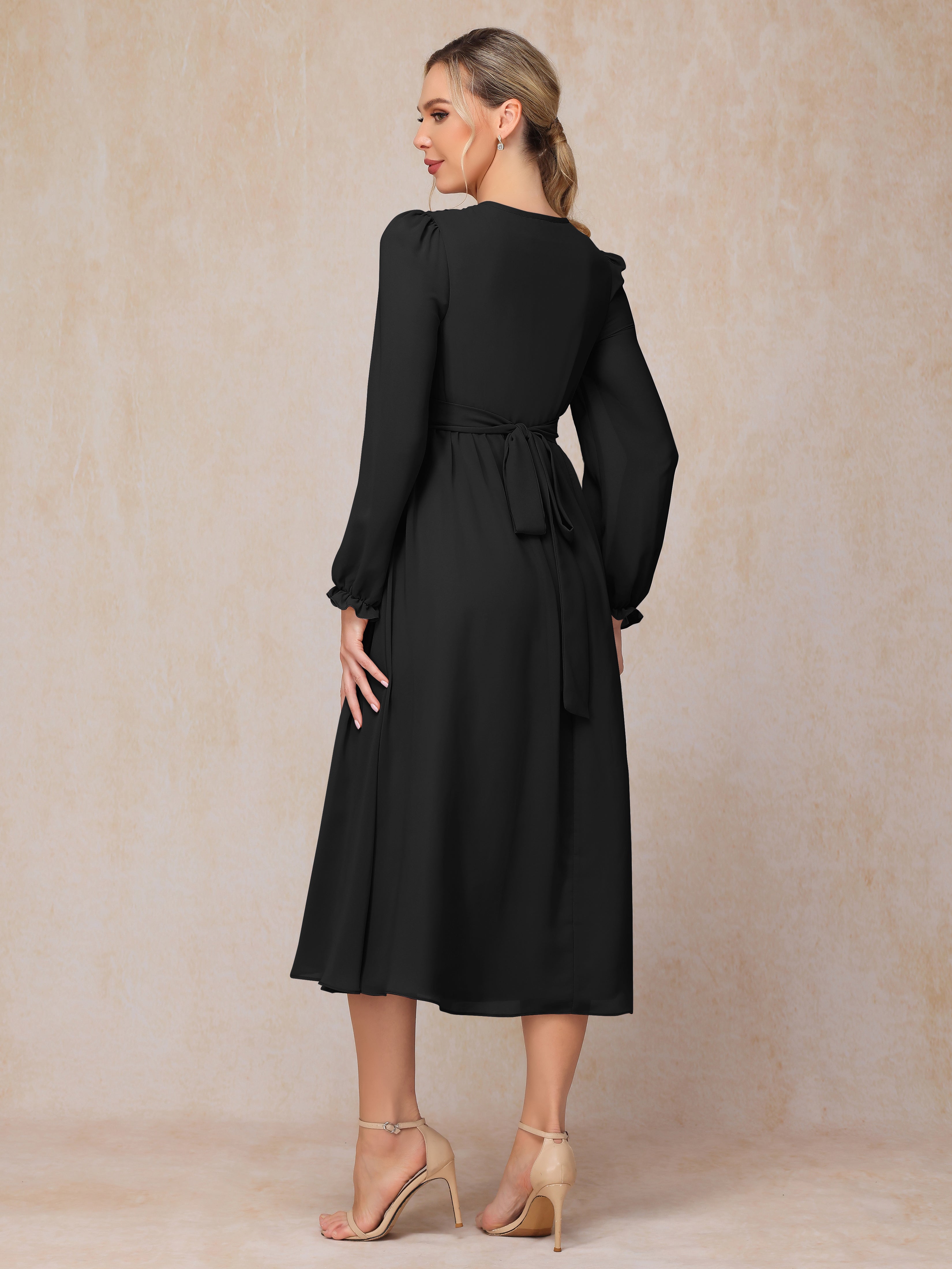 V Neck Long Sleeves Tea Length Chiffon Mother Of The Groom Dress