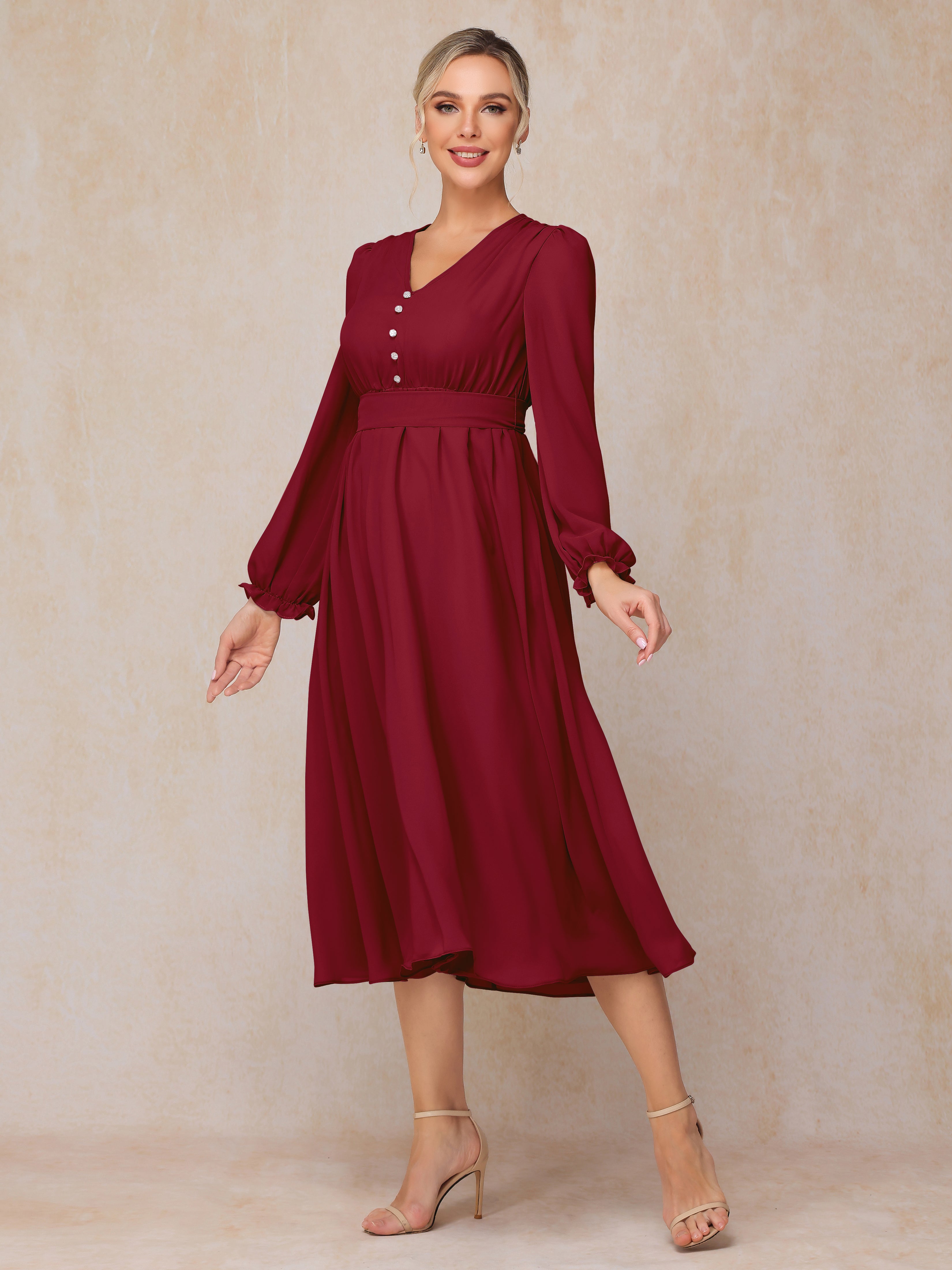 V Neck Long Sleeves Tea Length Chiffon Mother Of The Groom Dress