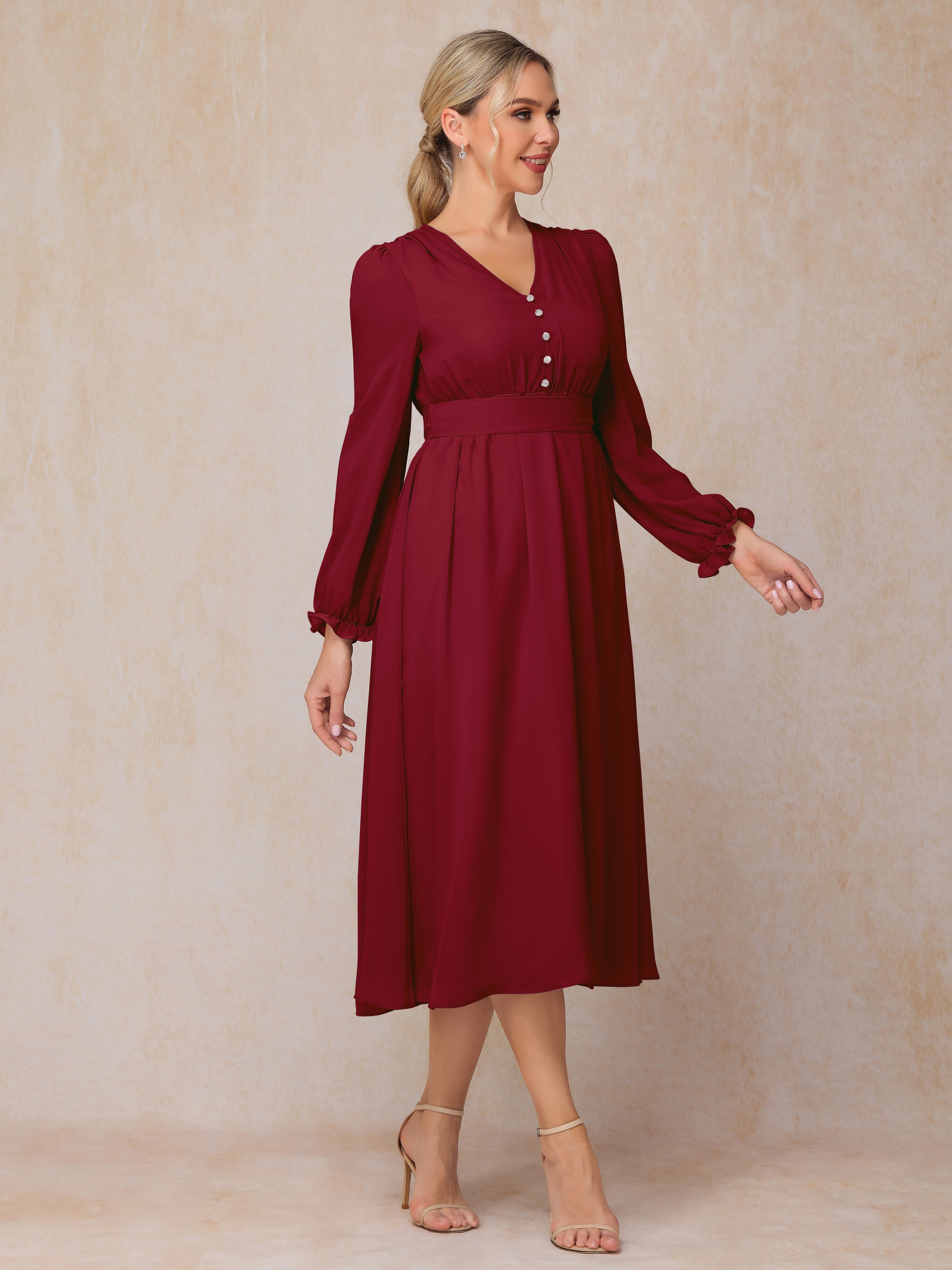 V Neck Long Sleeves Tea Length Chiffon Mother Of The Groom Dress
