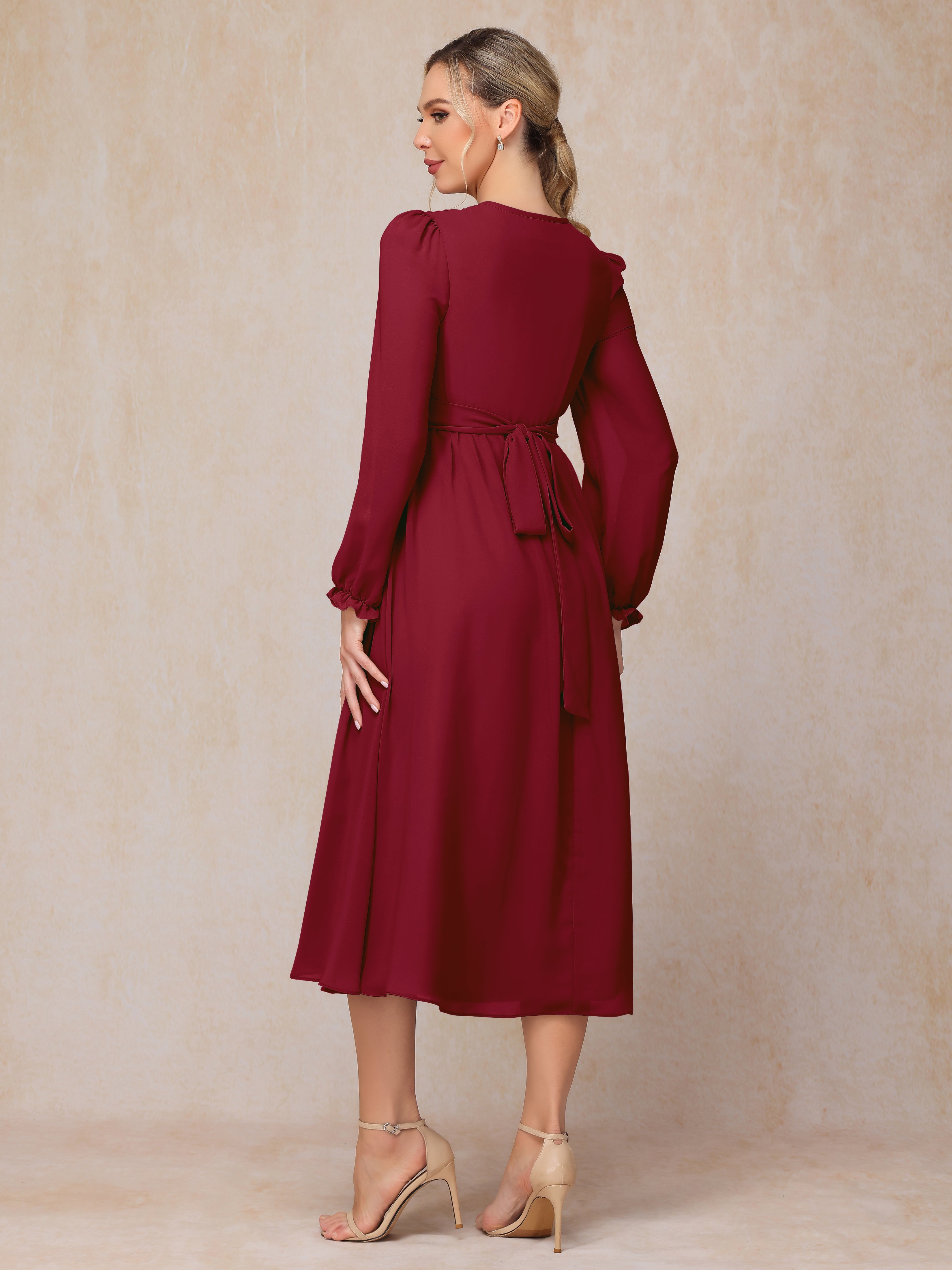 V Neck Long Sleeves Tea Length Chiffon Mother Of The Groom Dress