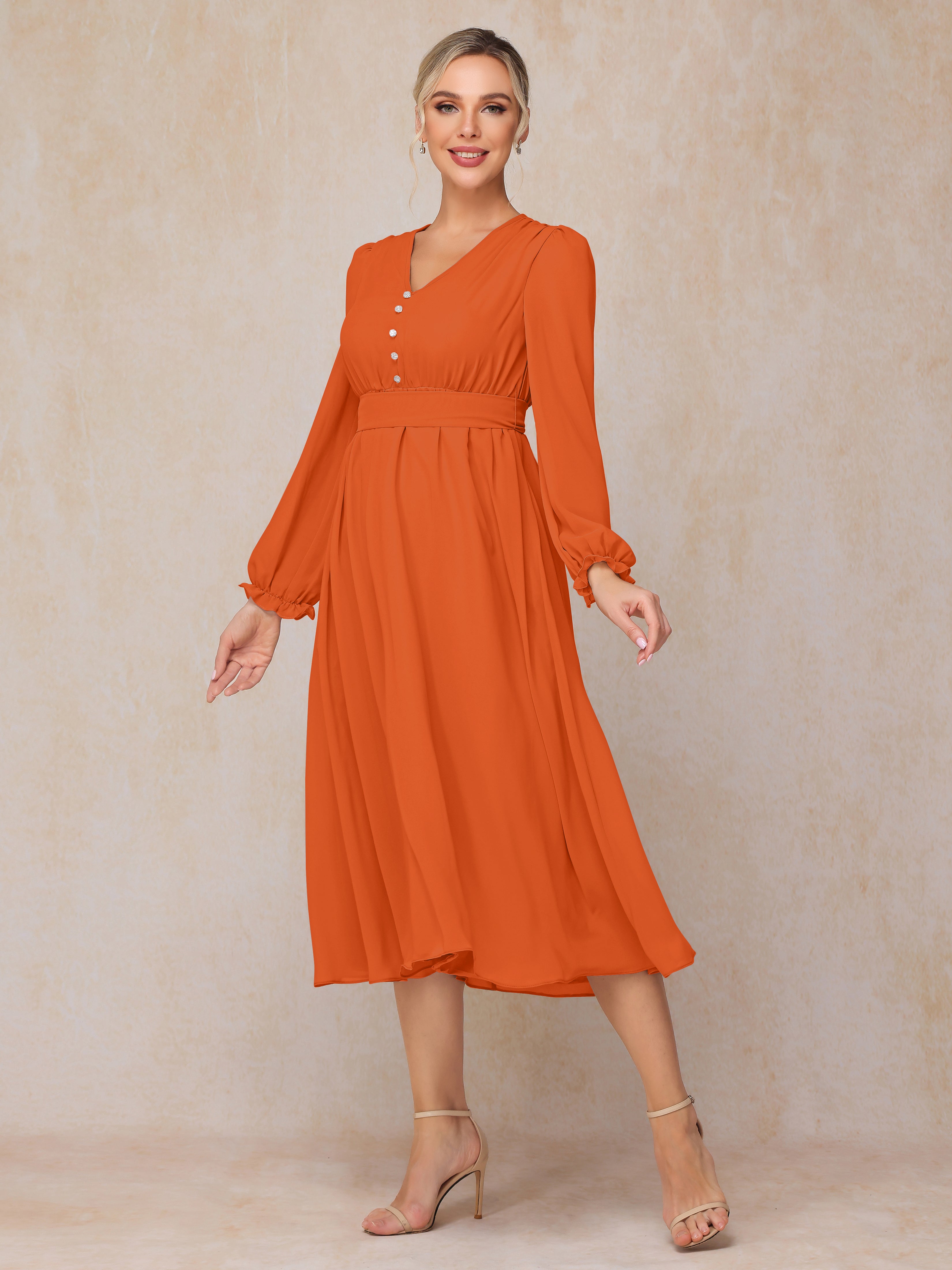 V Neck Long Sleeves Tea Length Chiffon Mother Of The Groom Dress