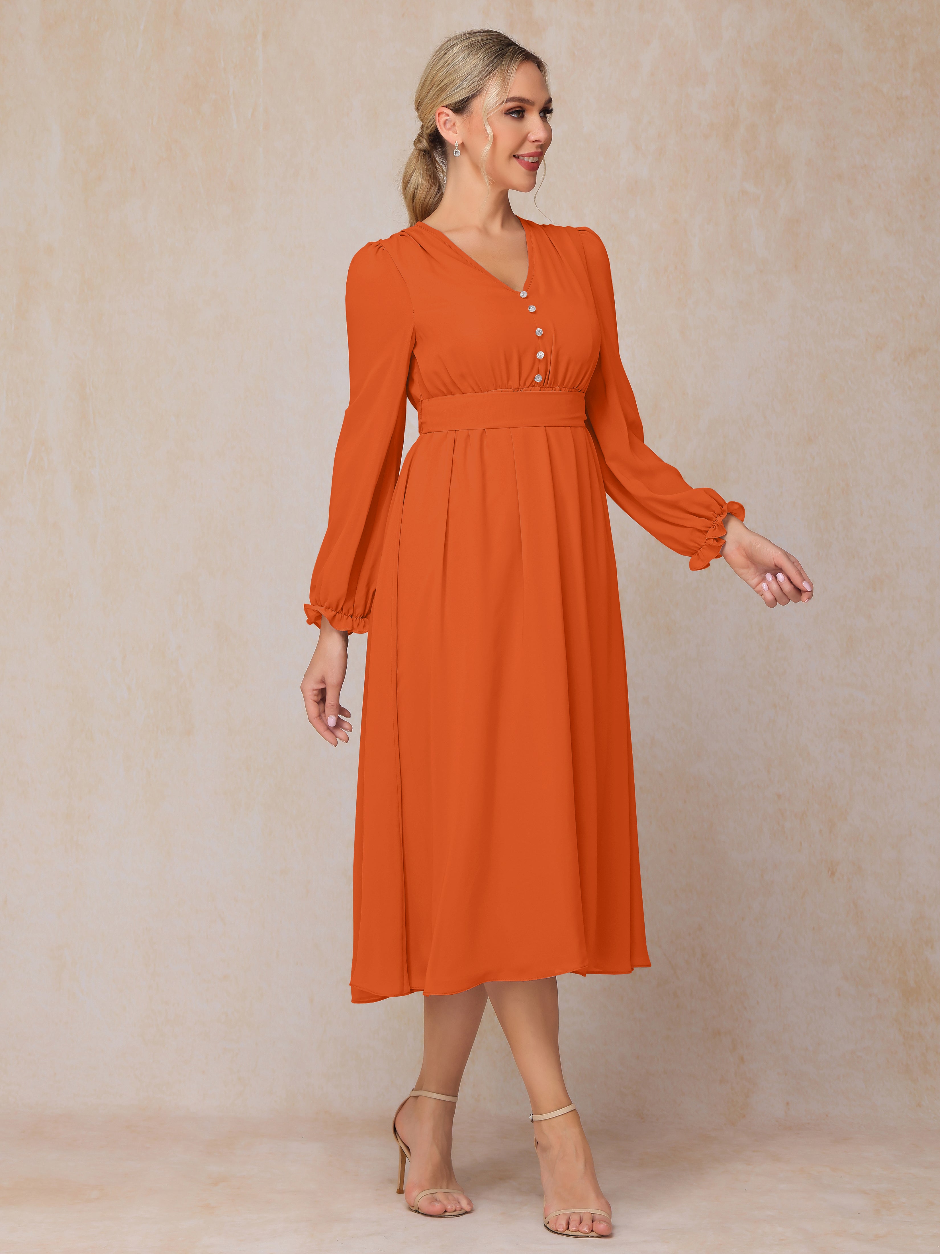 V Neck Long Sleeves Tea Length Chiffon Mother Of The Groom Dress