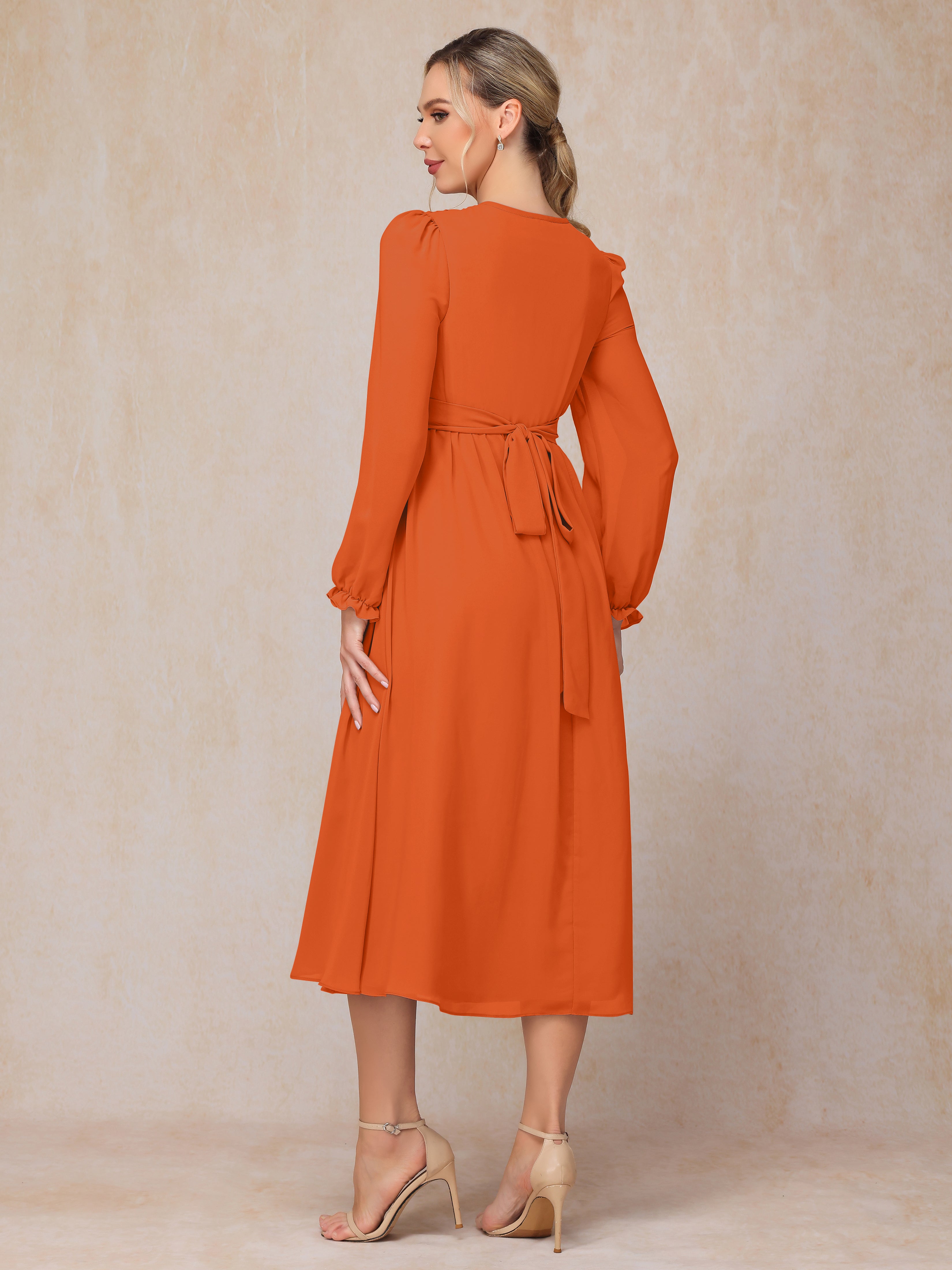 Long Sleeves V-neck Tea Length Chiffon Wedding Guest Dresses