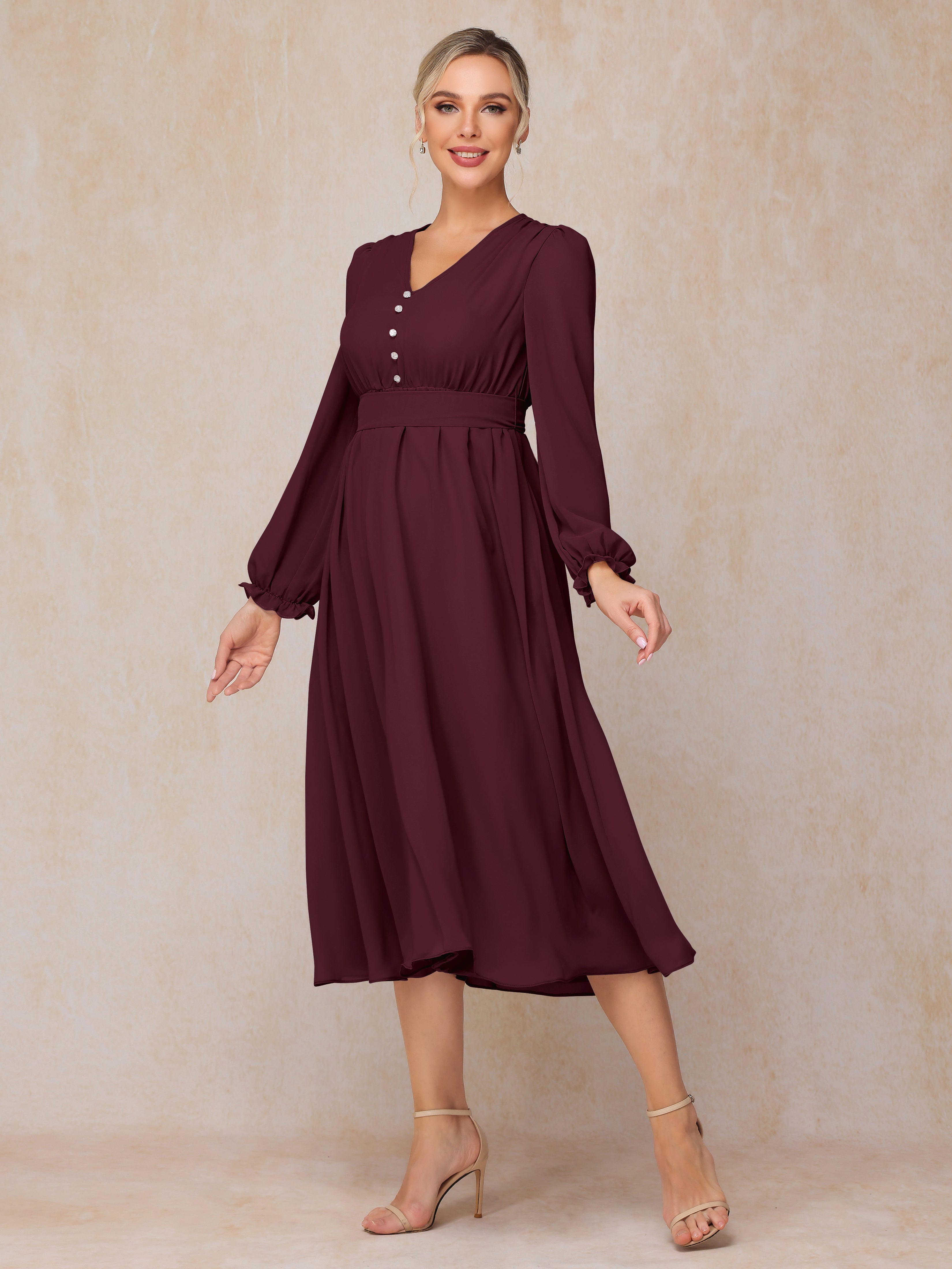 V Neck Long Sleeves Tea Length Chiffon Mother Of The Groom Dress