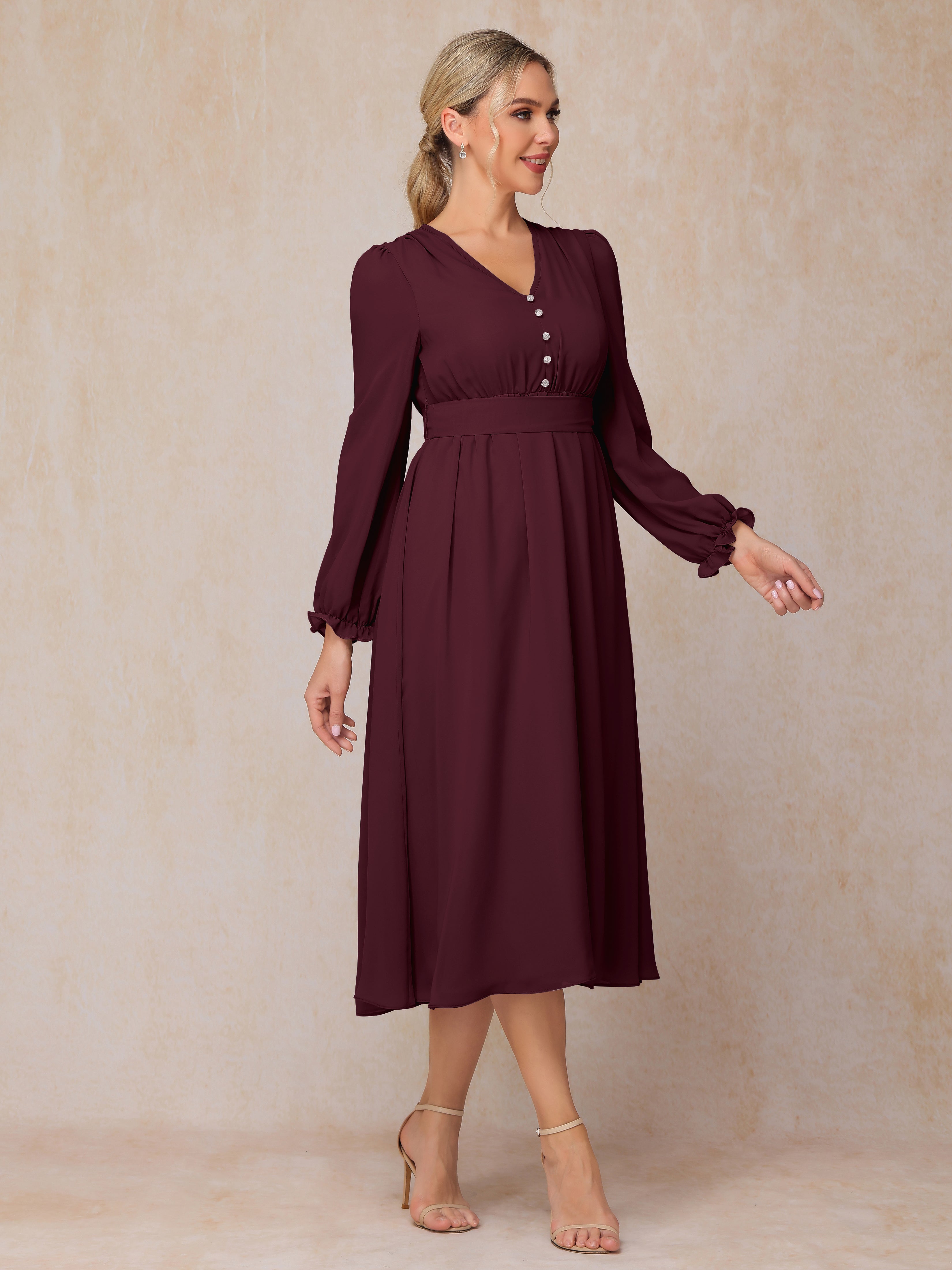 V Neck Long Sleeves Tea Length Chiffon Mother Of The Groom Dress