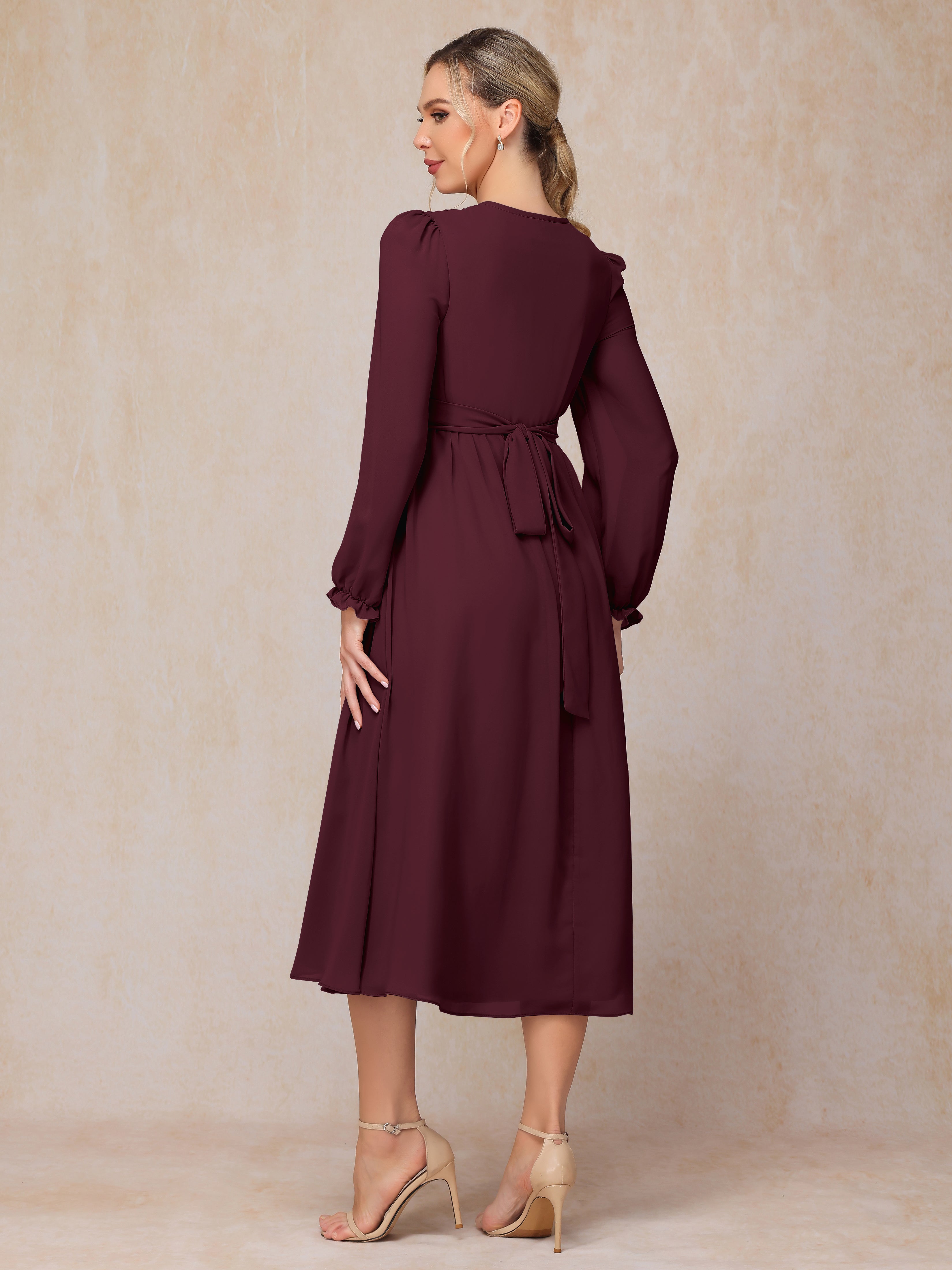 V Neck Long Sleeves Tea Length Chiffon Mother Of The Groom Dress