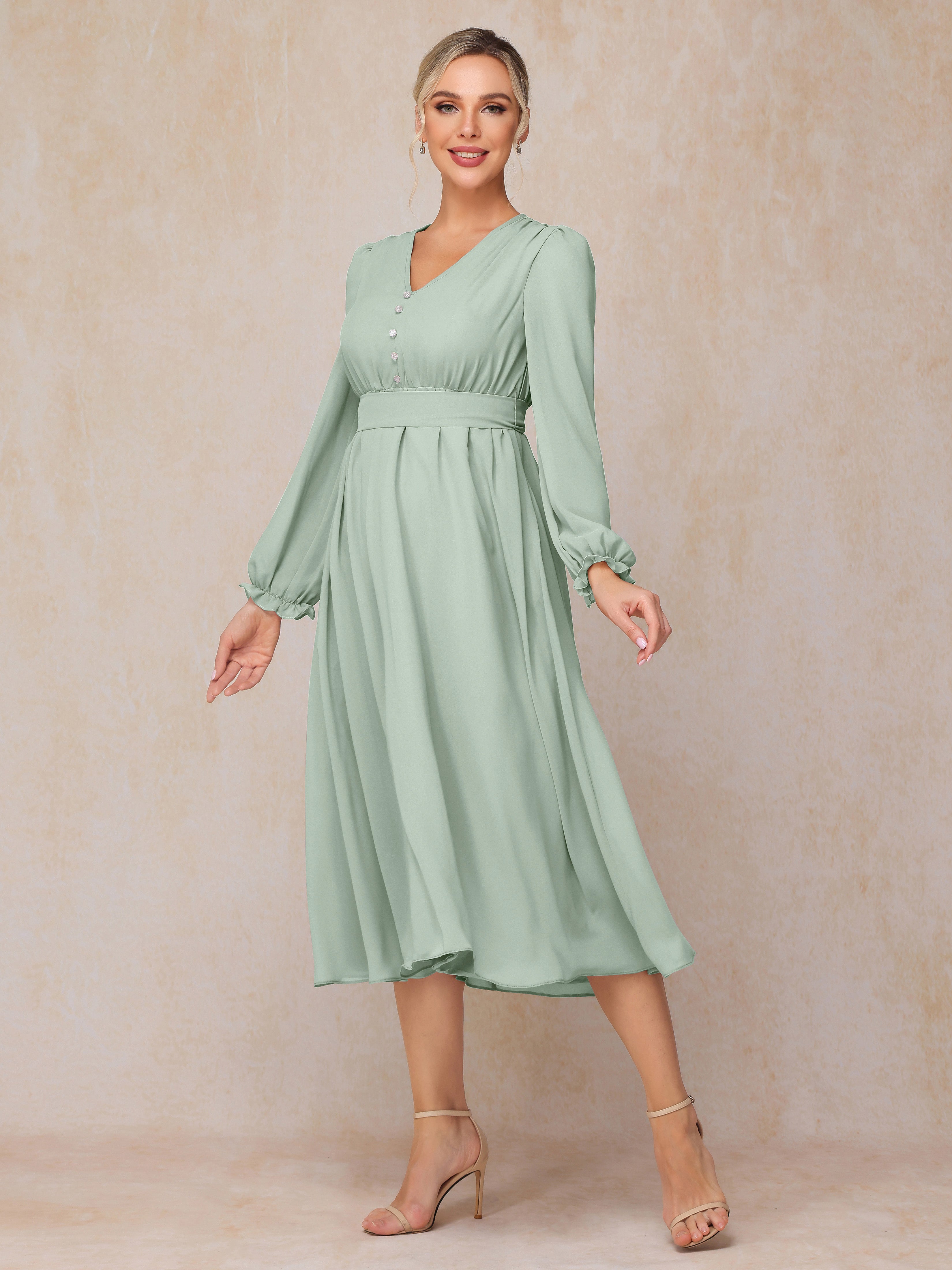 V Neck Long Sleeves Tea Length Chiffon Mother Of The Groom Dress