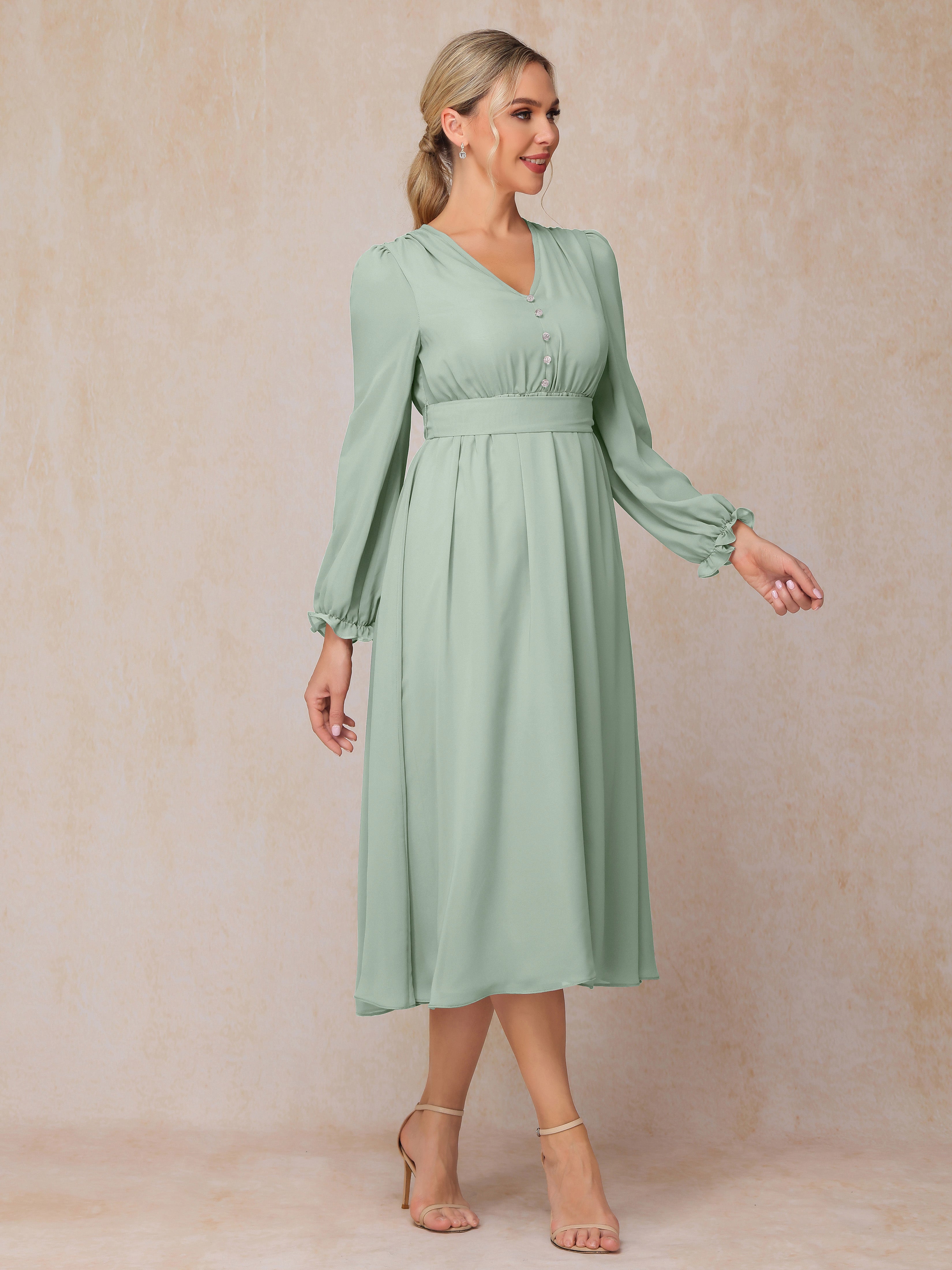 Long Sleeves V-neck Tea Length Chiffon Wedding Guest Dresses