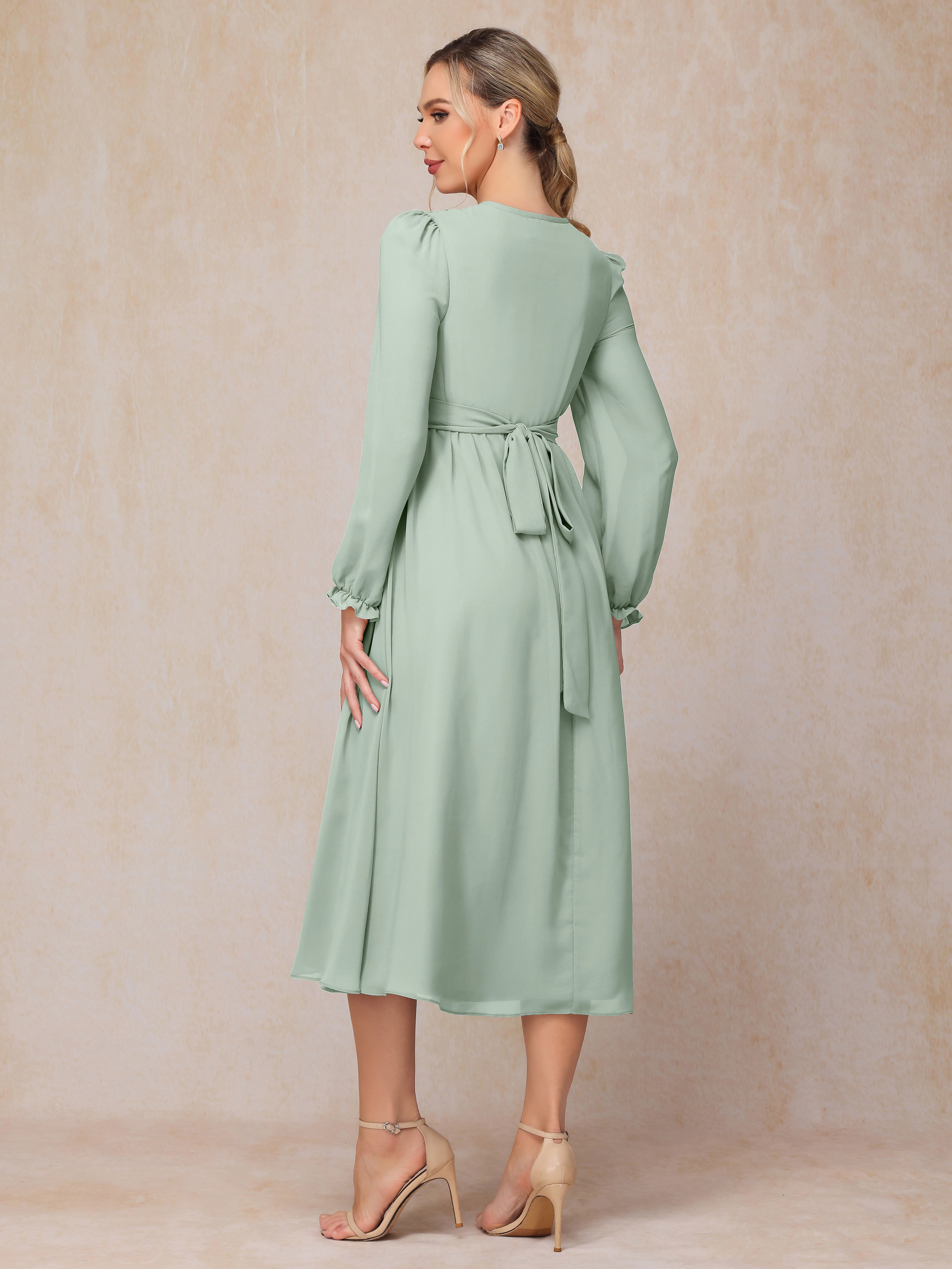V Neck Long Sleeves Tea Length Chiffon Mother Of The Groom Dress