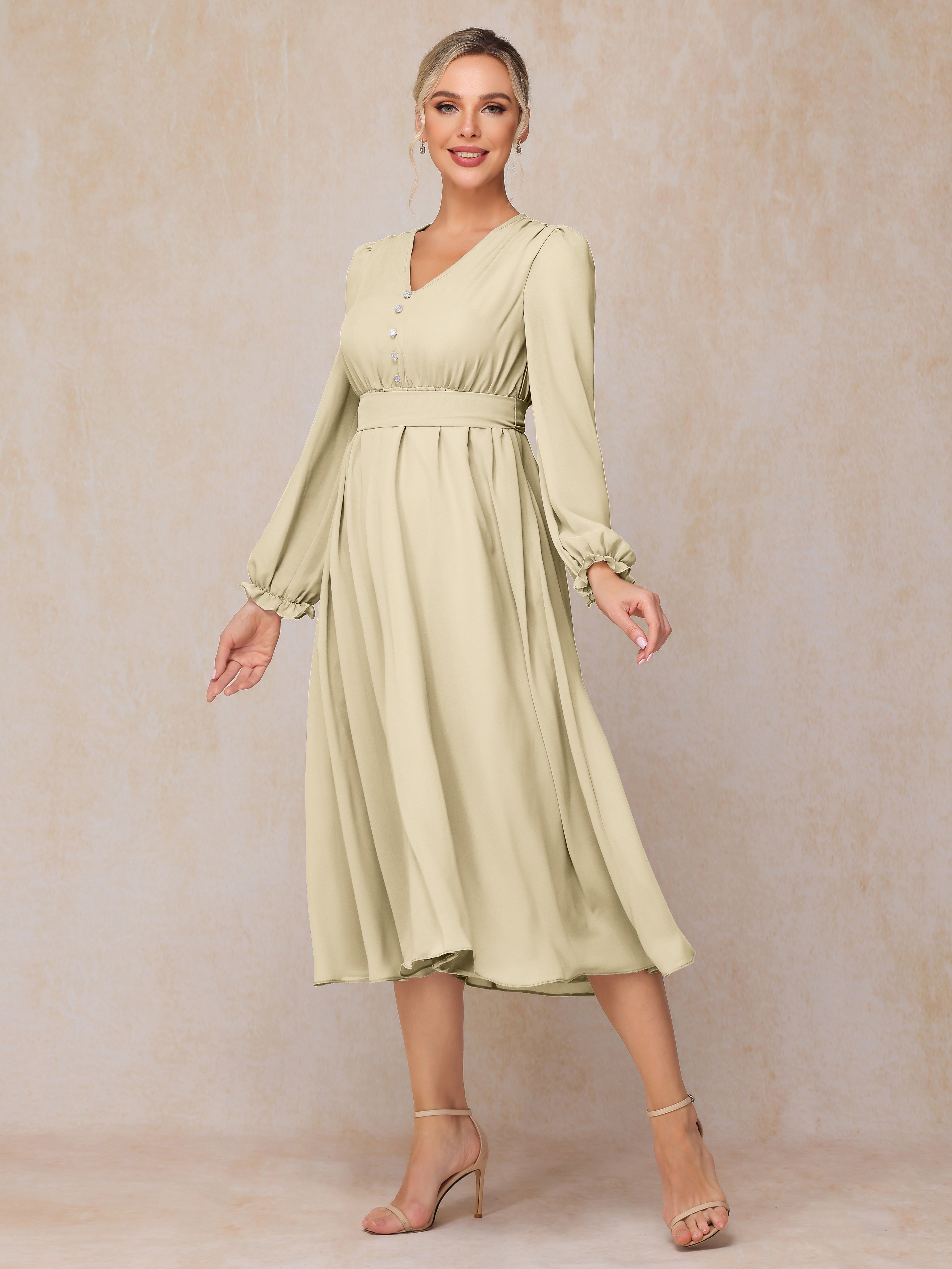 V Neck Long Sleeves Tea Length Chiffon Mother Of The Groom Dress