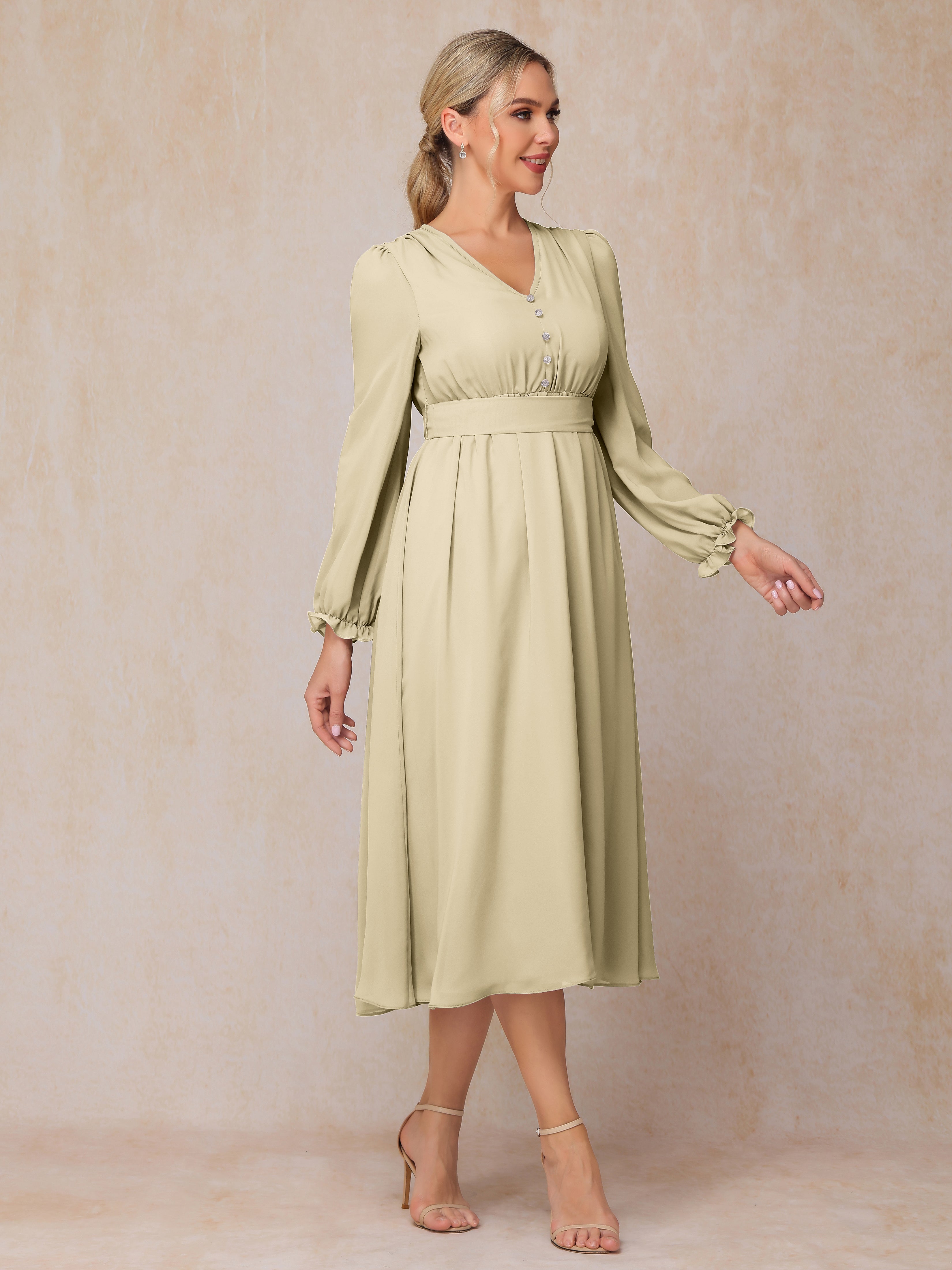 V Neck Long Sleeves Tea Length Chiffon Mother Of The Groom Dress