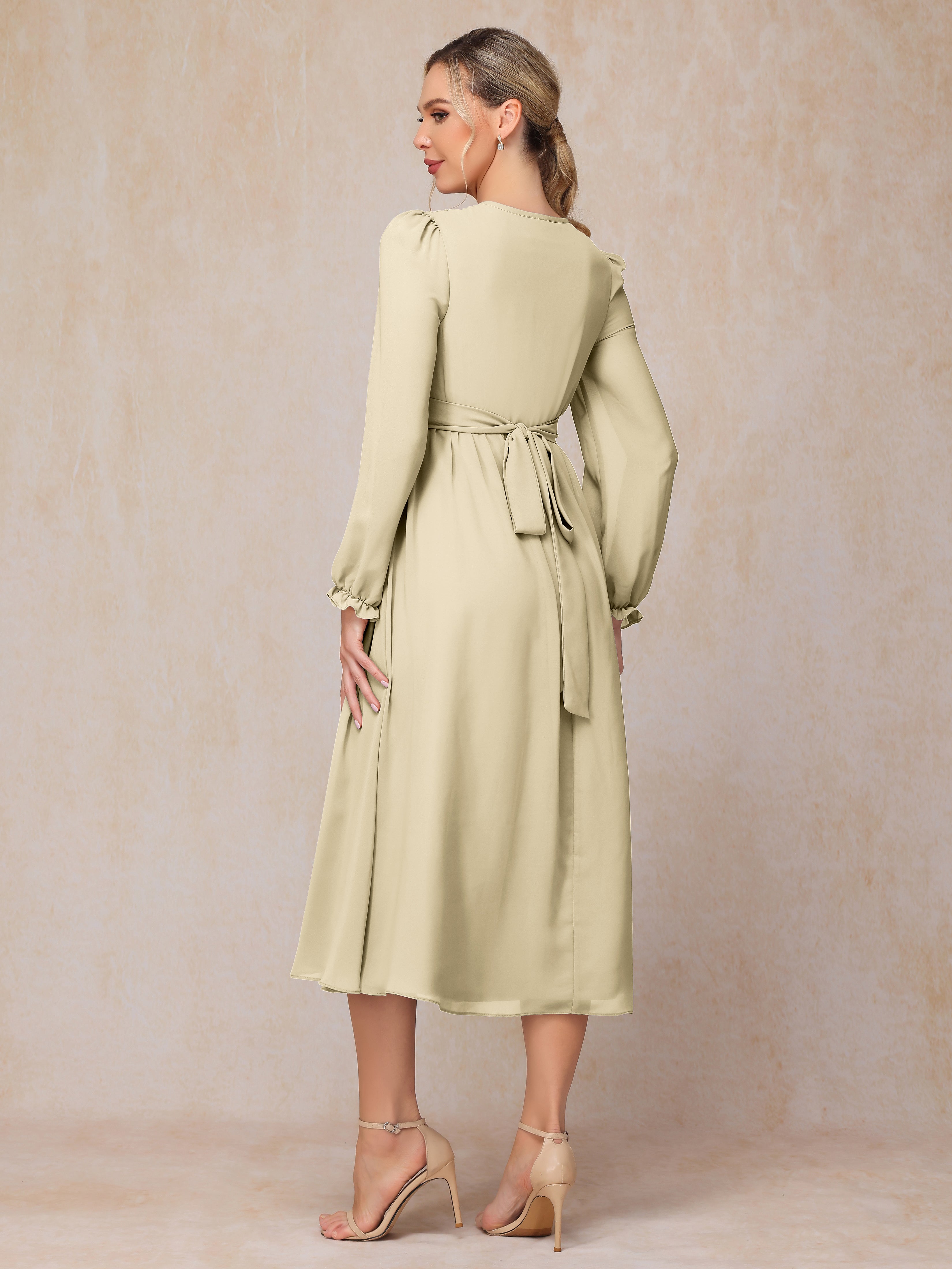 V Neck Long Sleeves Tea Length Chiffon Mother Of The Groom Dress