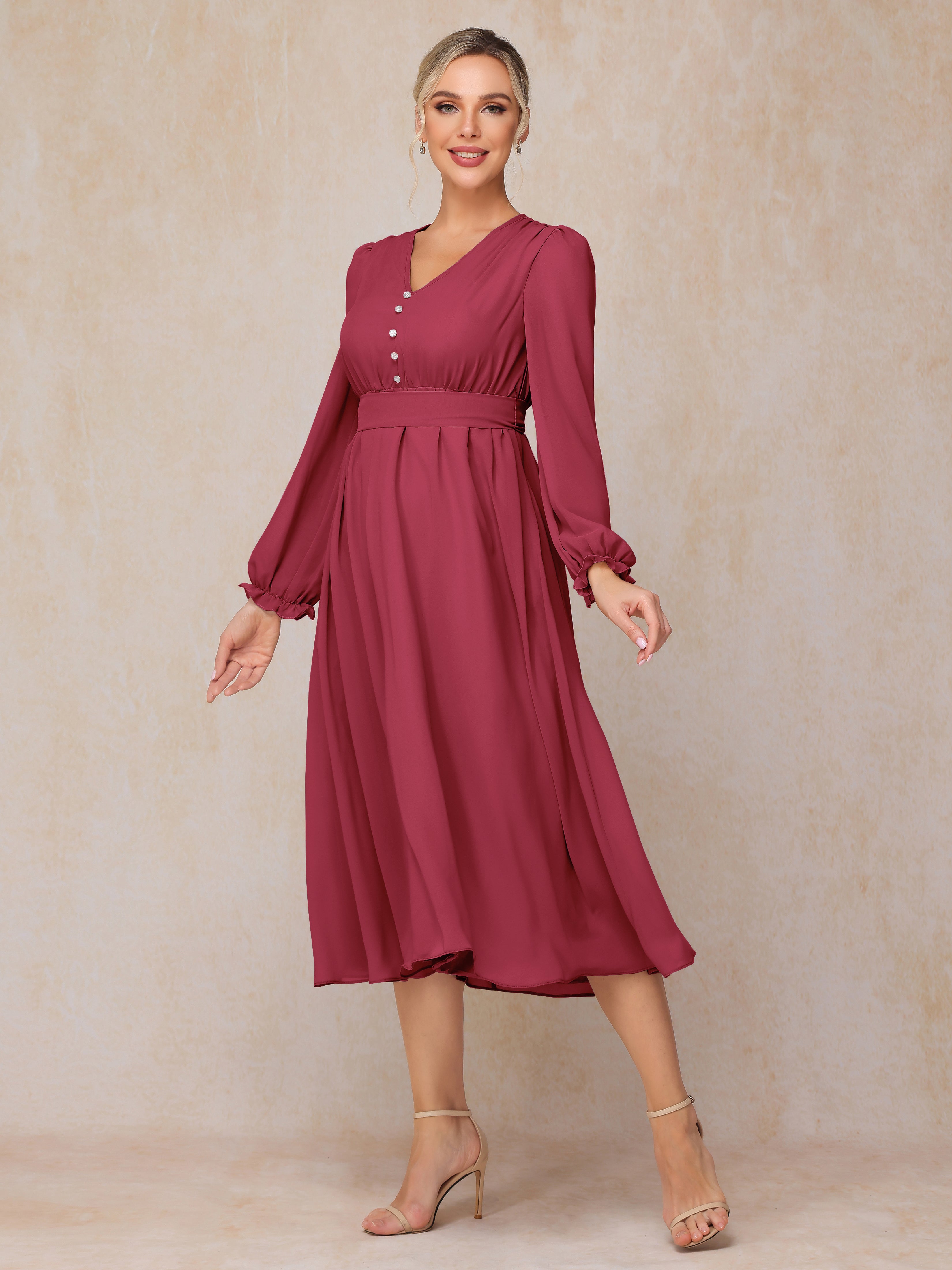 V Neck Long Sleeves Tea Length Chiffon Mother Of The Groom Dress