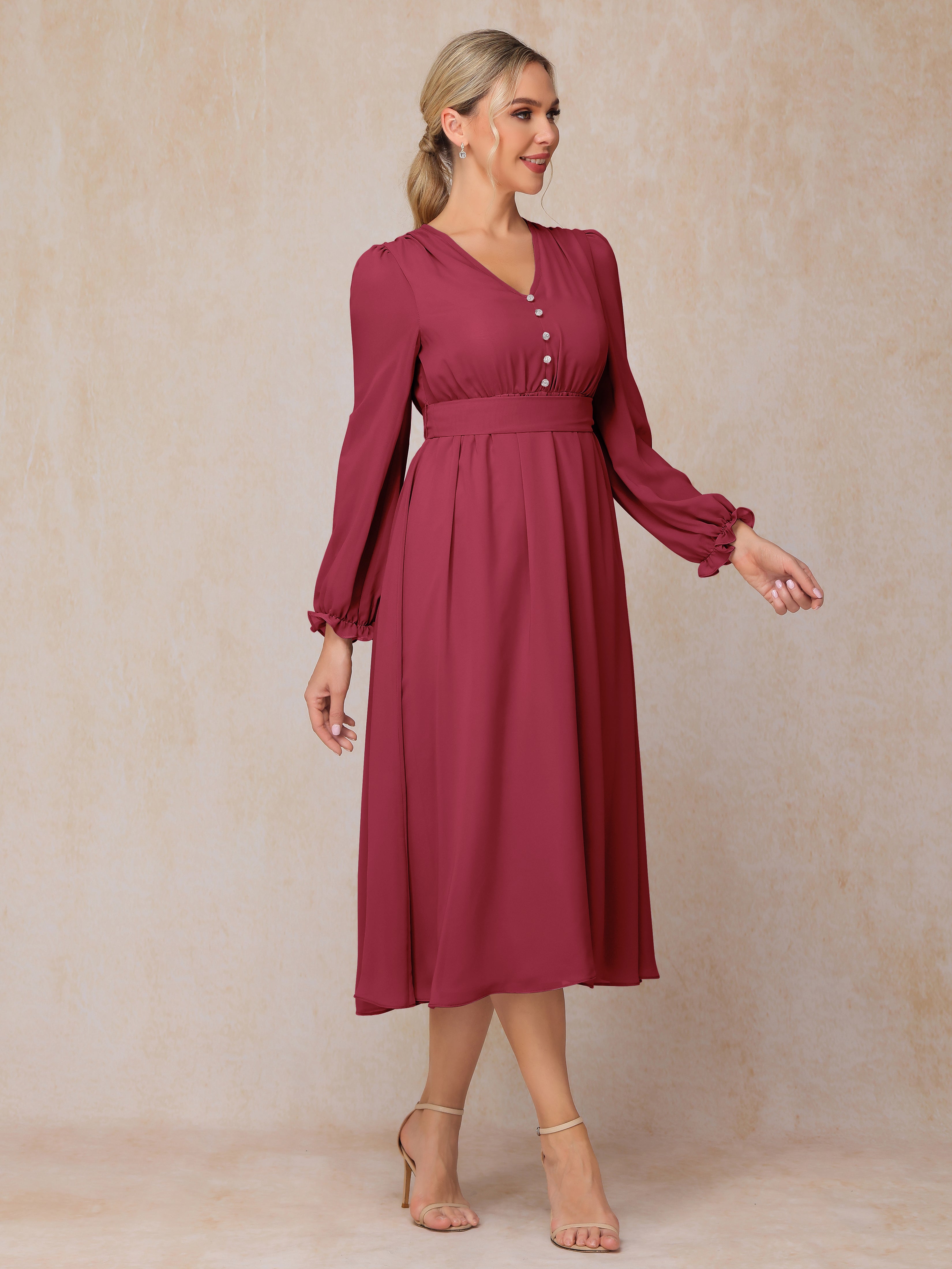 V Neck Long Sleeves Tea Length Chiffon Mother Of The Groom Dress