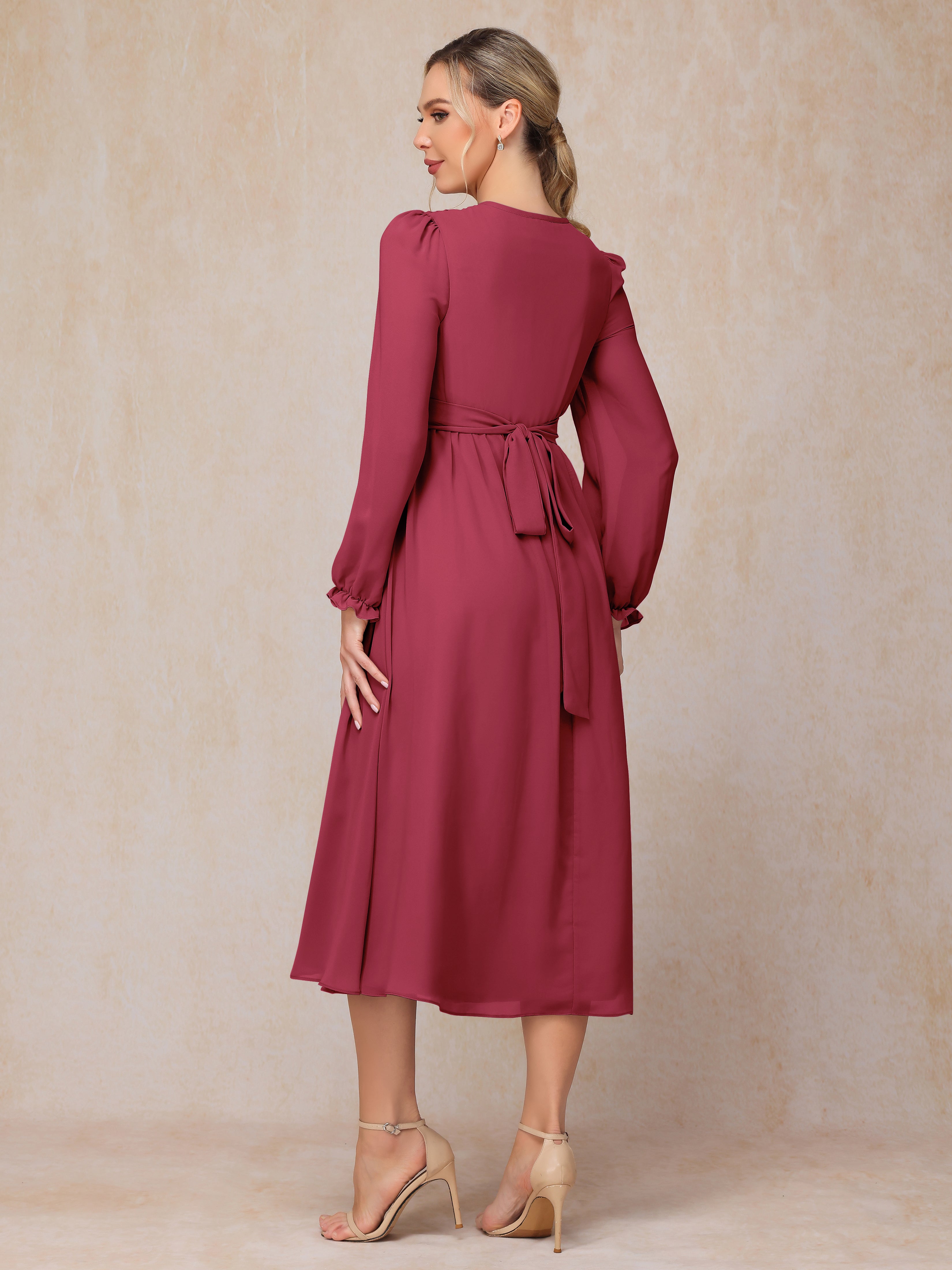 V Neck Long Sleeves Tea Length Chiffon Mother Of The Groom Dress