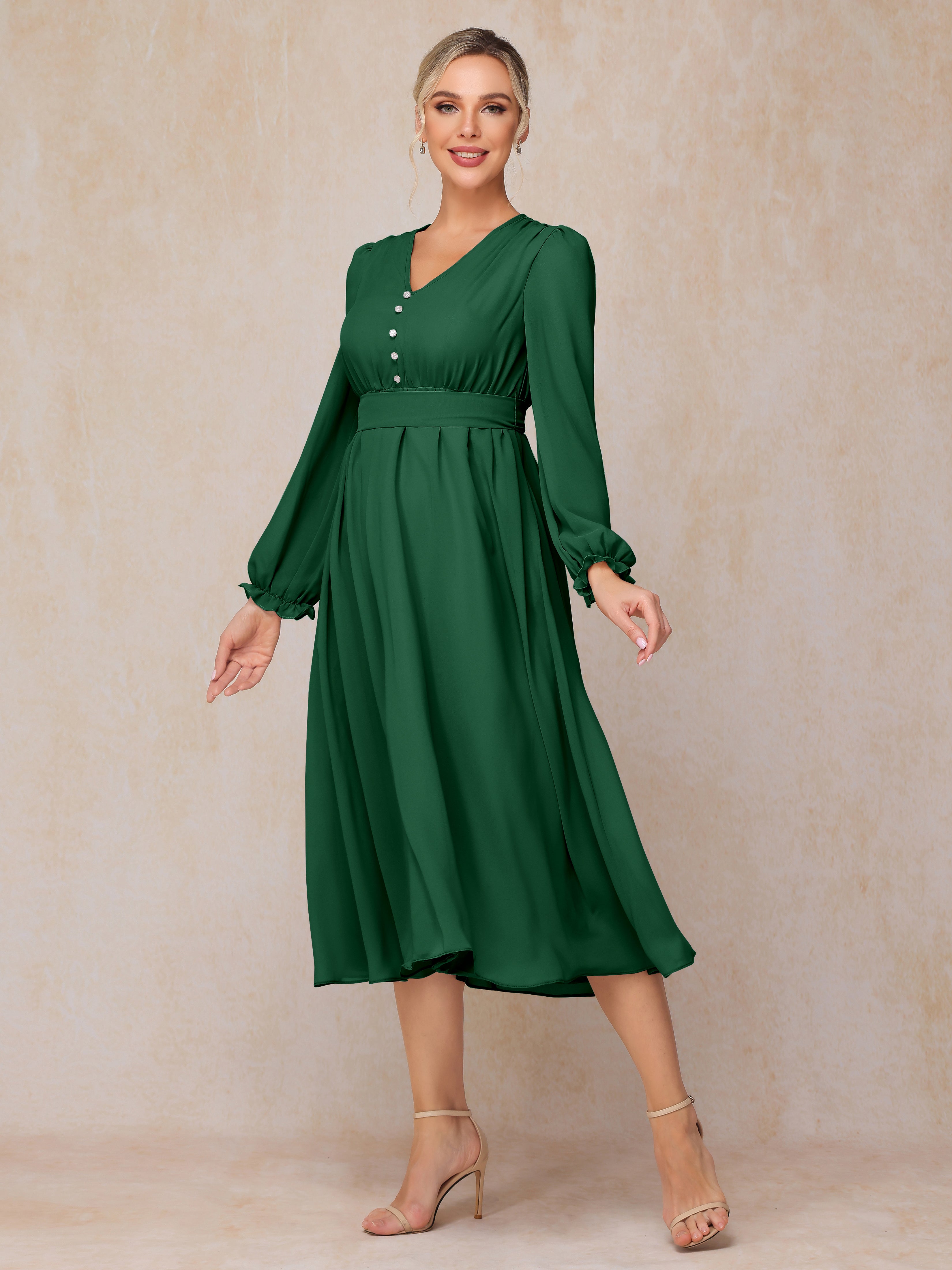 V Neck Long Sleeves Tea Length Chiffon Mother Of The Groom Dress