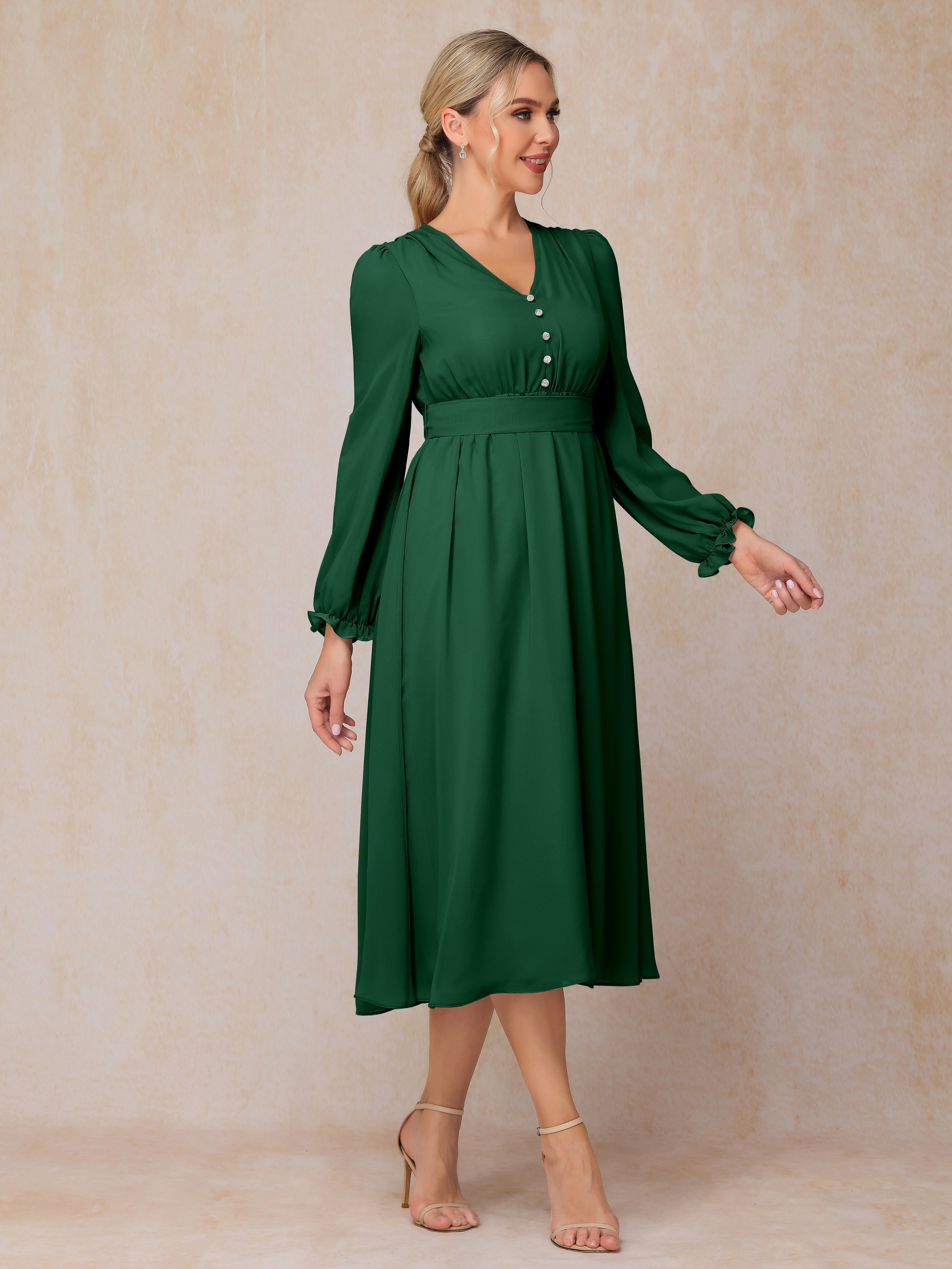 V Neck Long Sleeves Tea Length Chiffon Mother Of The Groom Dress