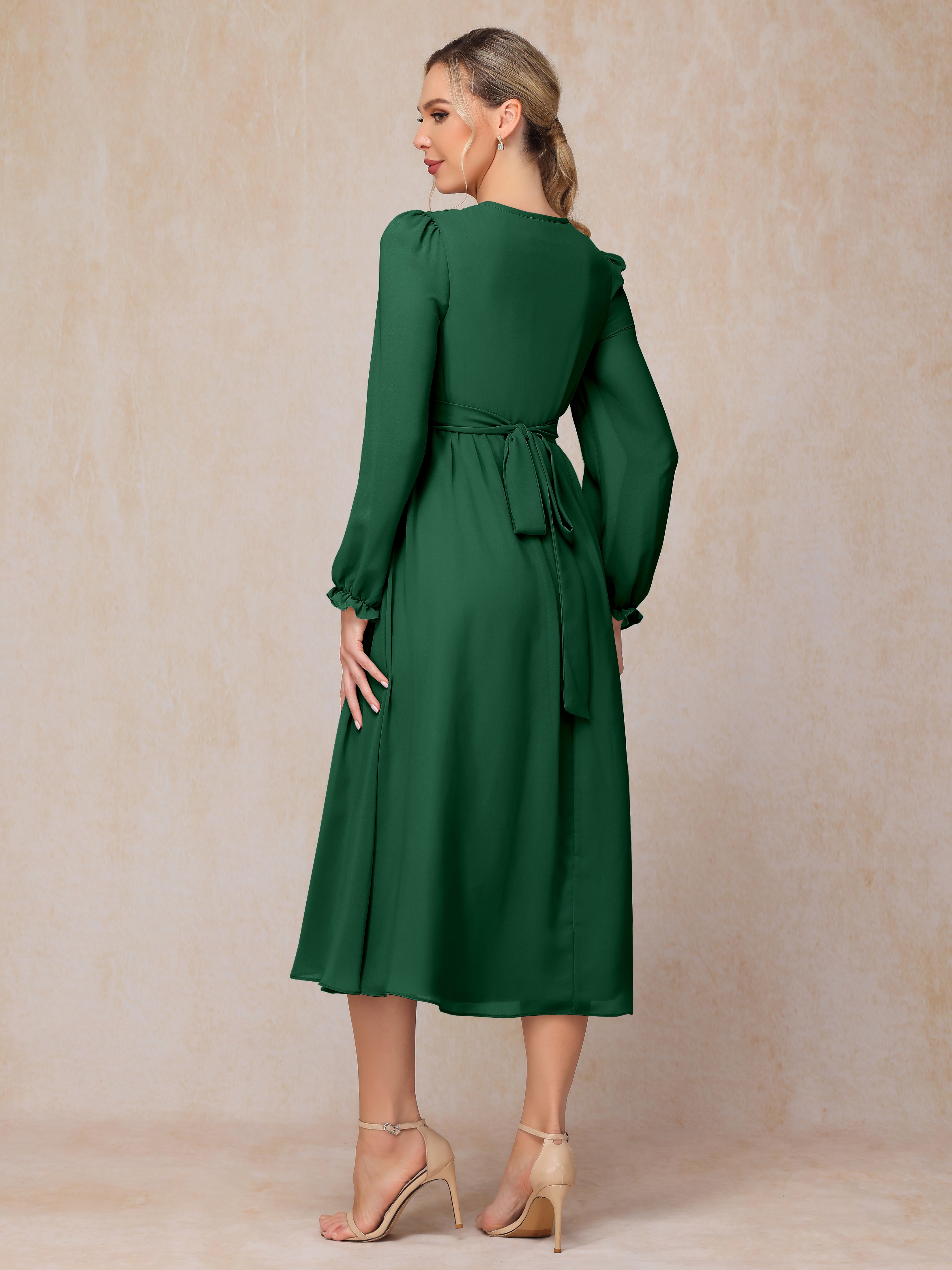 V Neck Long Sleeves Tea Length Chiffon Mother Of The Groom Dress