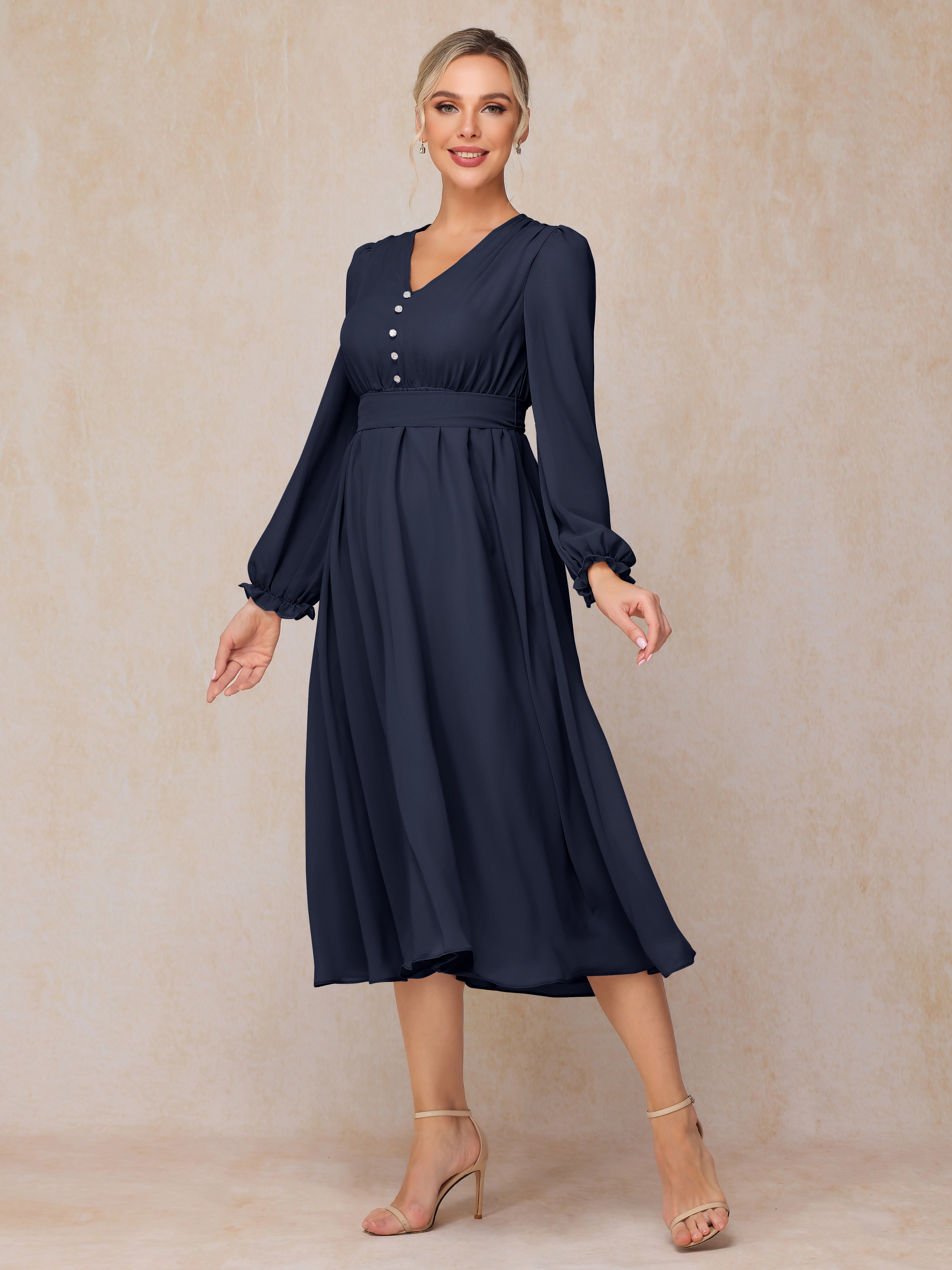 V Neck Long Sleeves Tea Length Chiffon Mother Of The Groom Dress