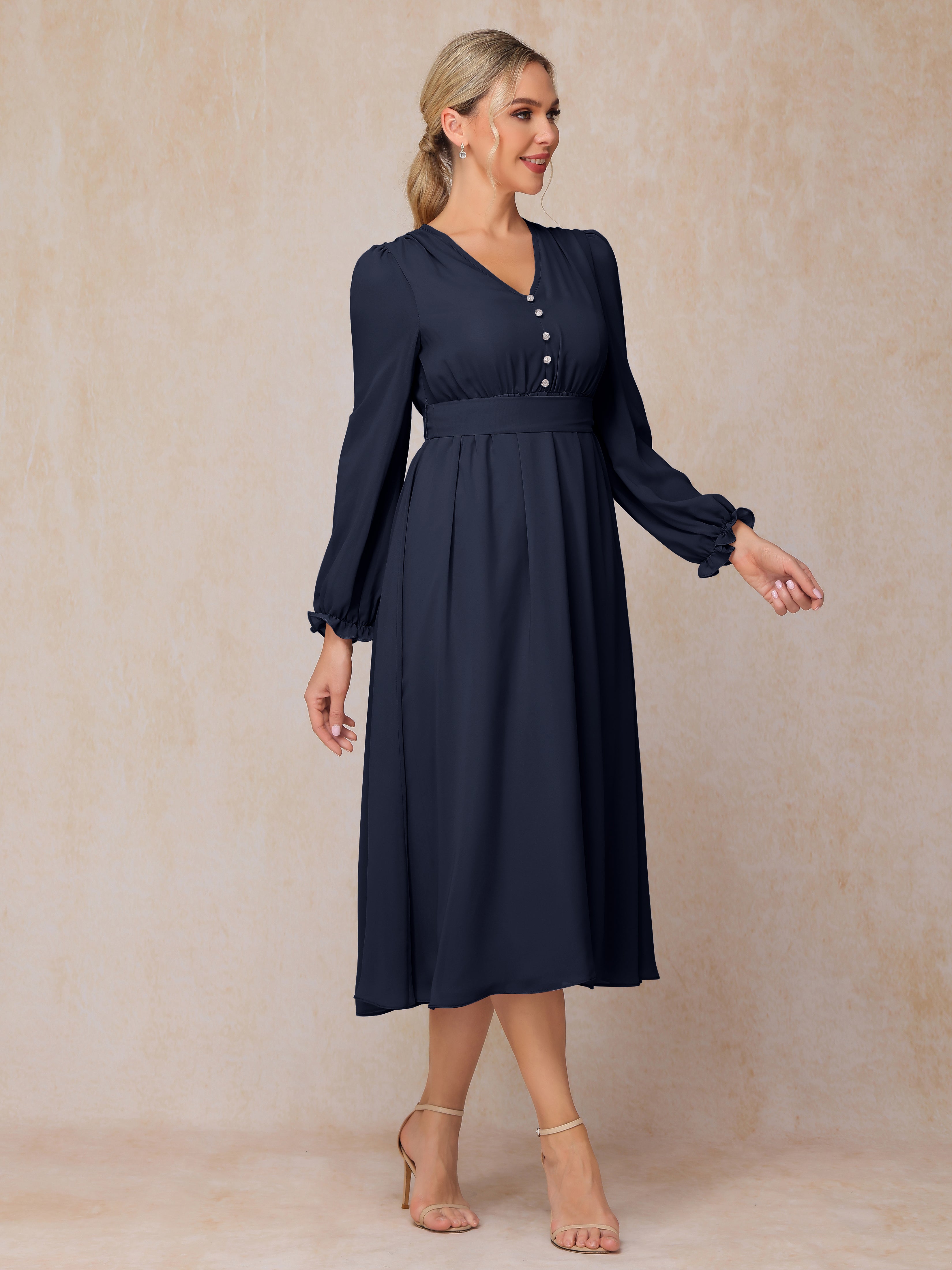 V Neck Long Sleeves Tea Length Chiffon Mother Of The Groom Dress