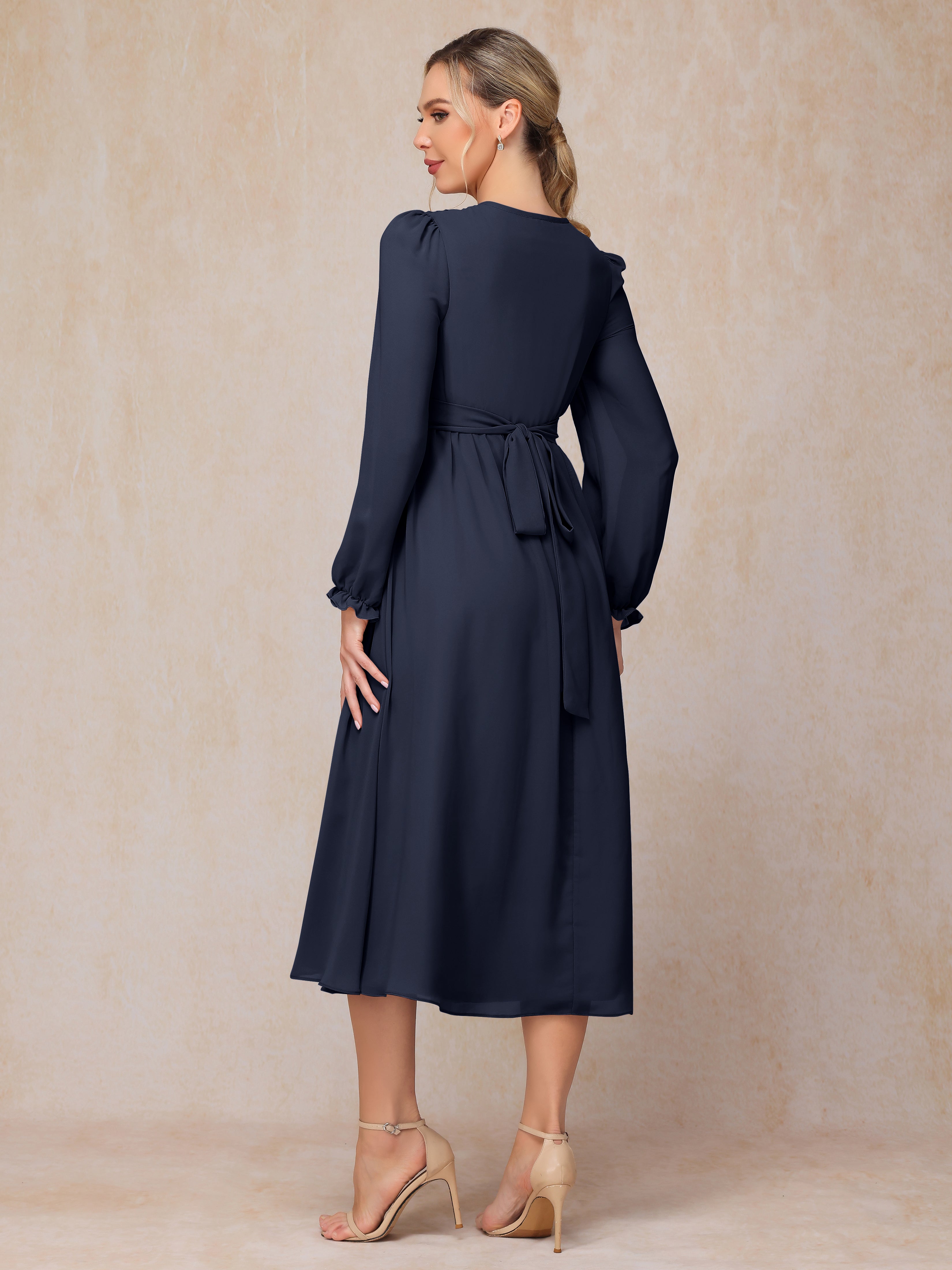 V Neck Long Sleeves Tea Length Chiffon Mother Of The Groom Dress