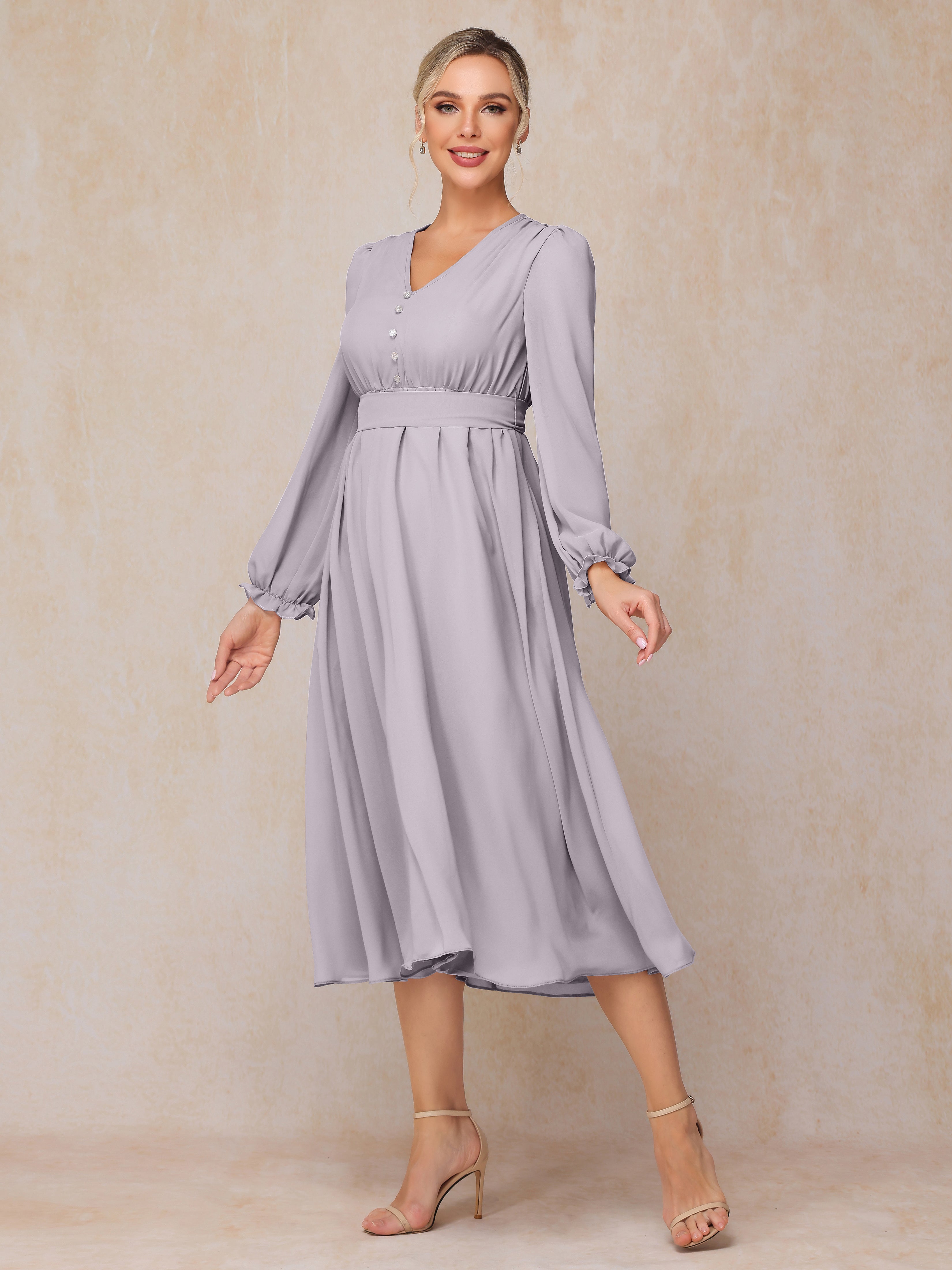 V Neck Long Sleeves Tea Length Chiffon Mother Of The Groom Dress