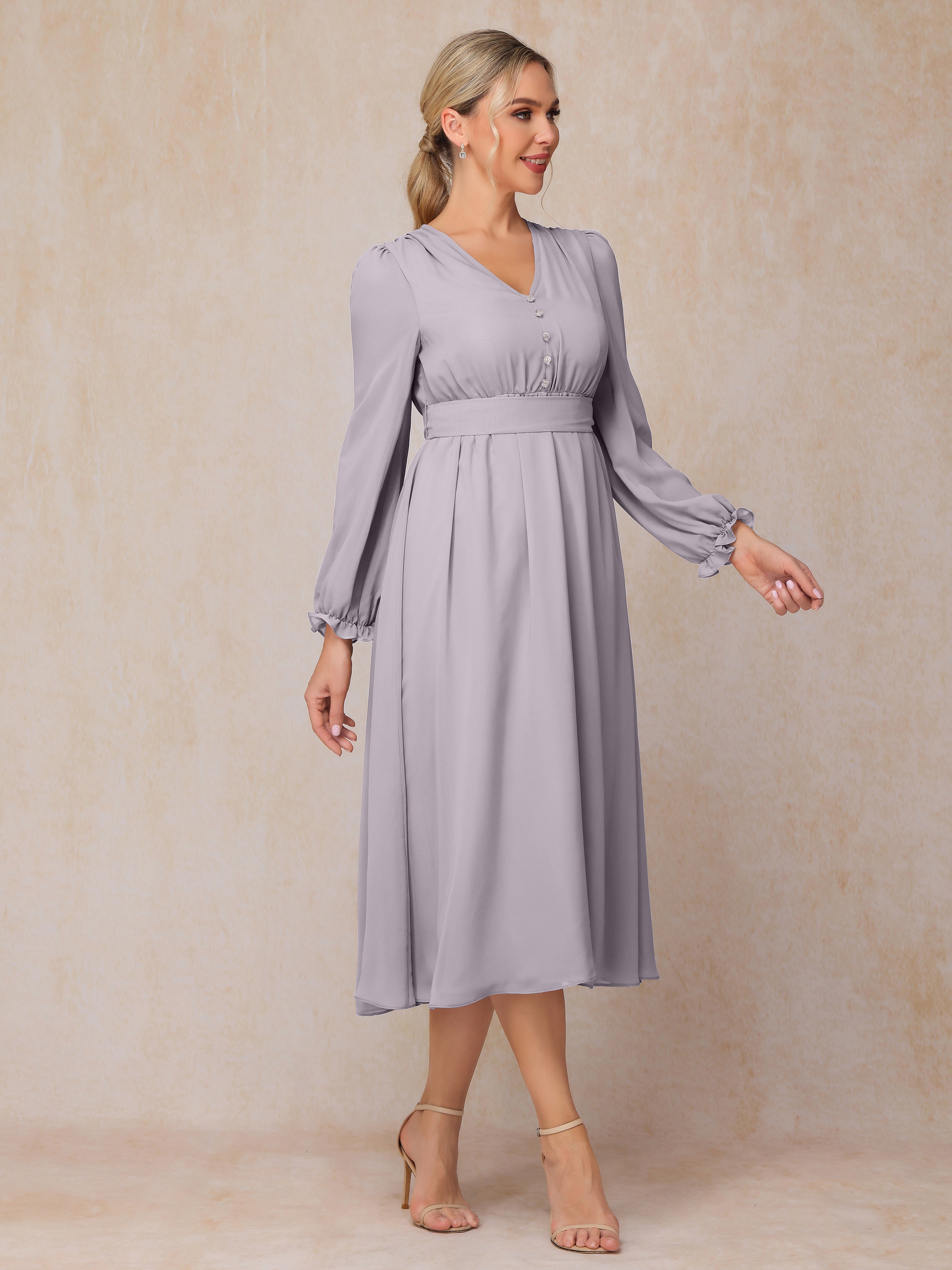 V Neck Long Sleeves Tea Length Chiffon Mother Of The Groom Dress