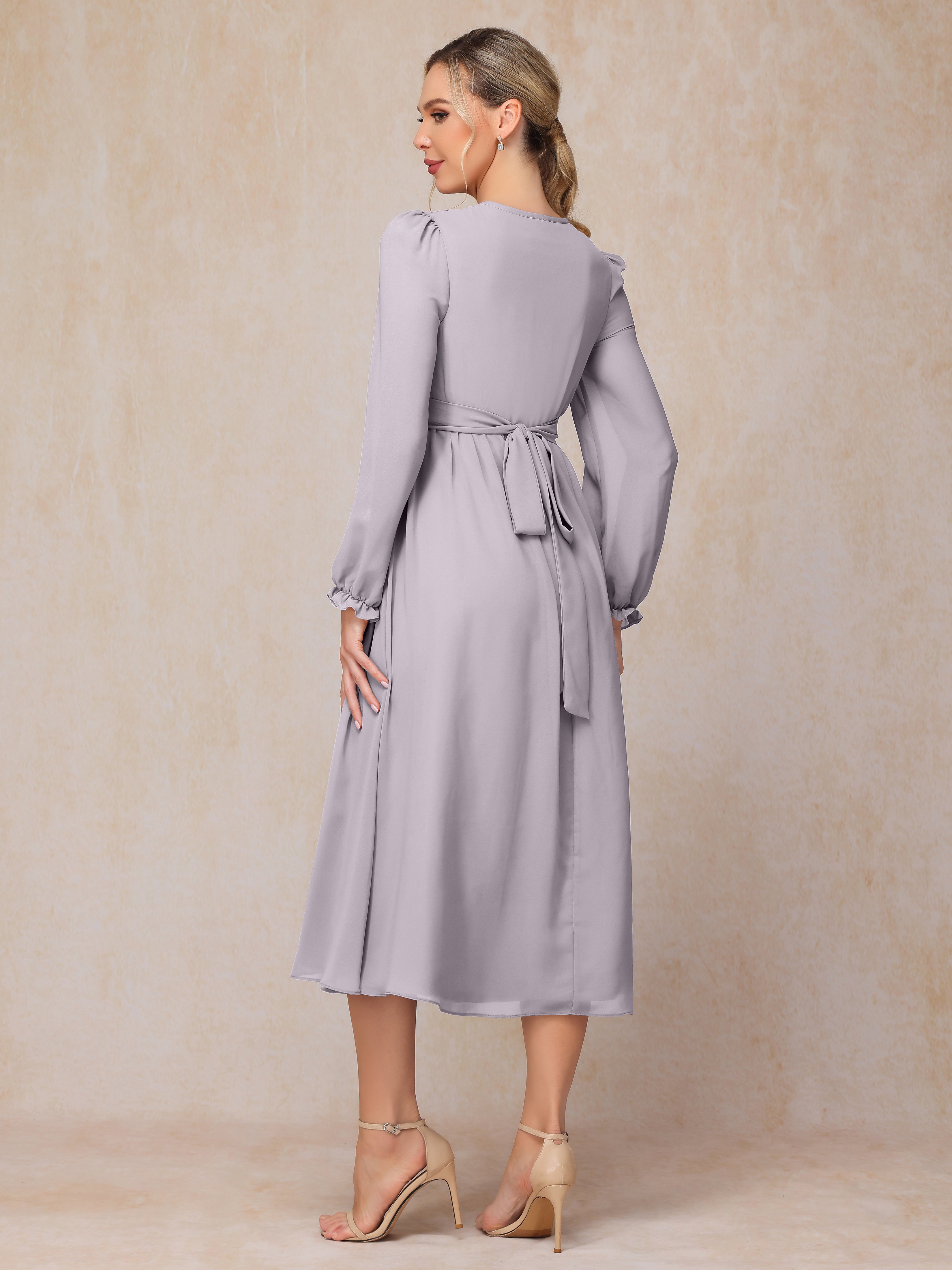 V Neck Long Sleeves Tea Length Chiffon Mother Of The Groom Dress
