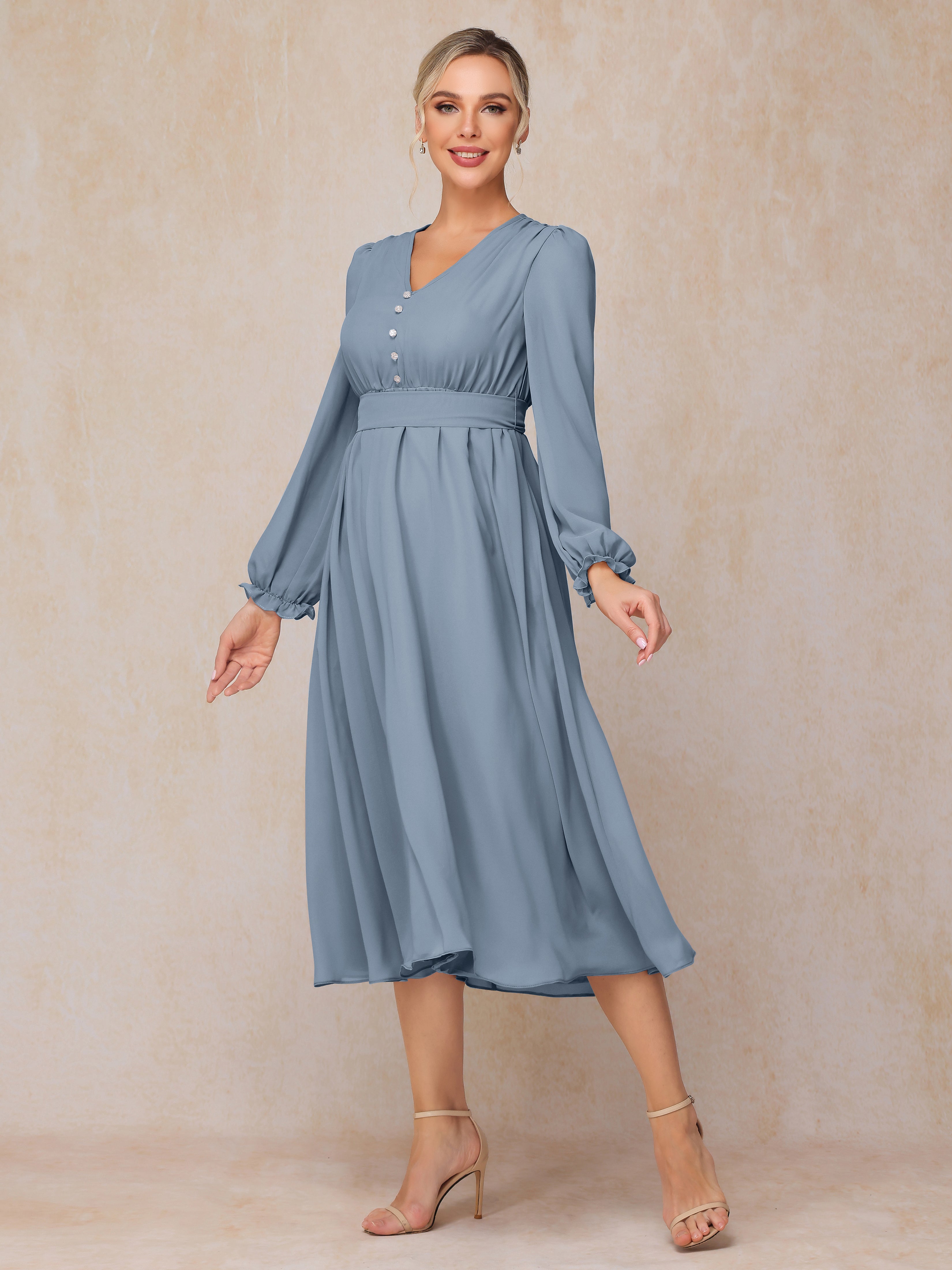 V Neck Long Sleeves Tea Length Chiffon Mother Of The Groom Dress