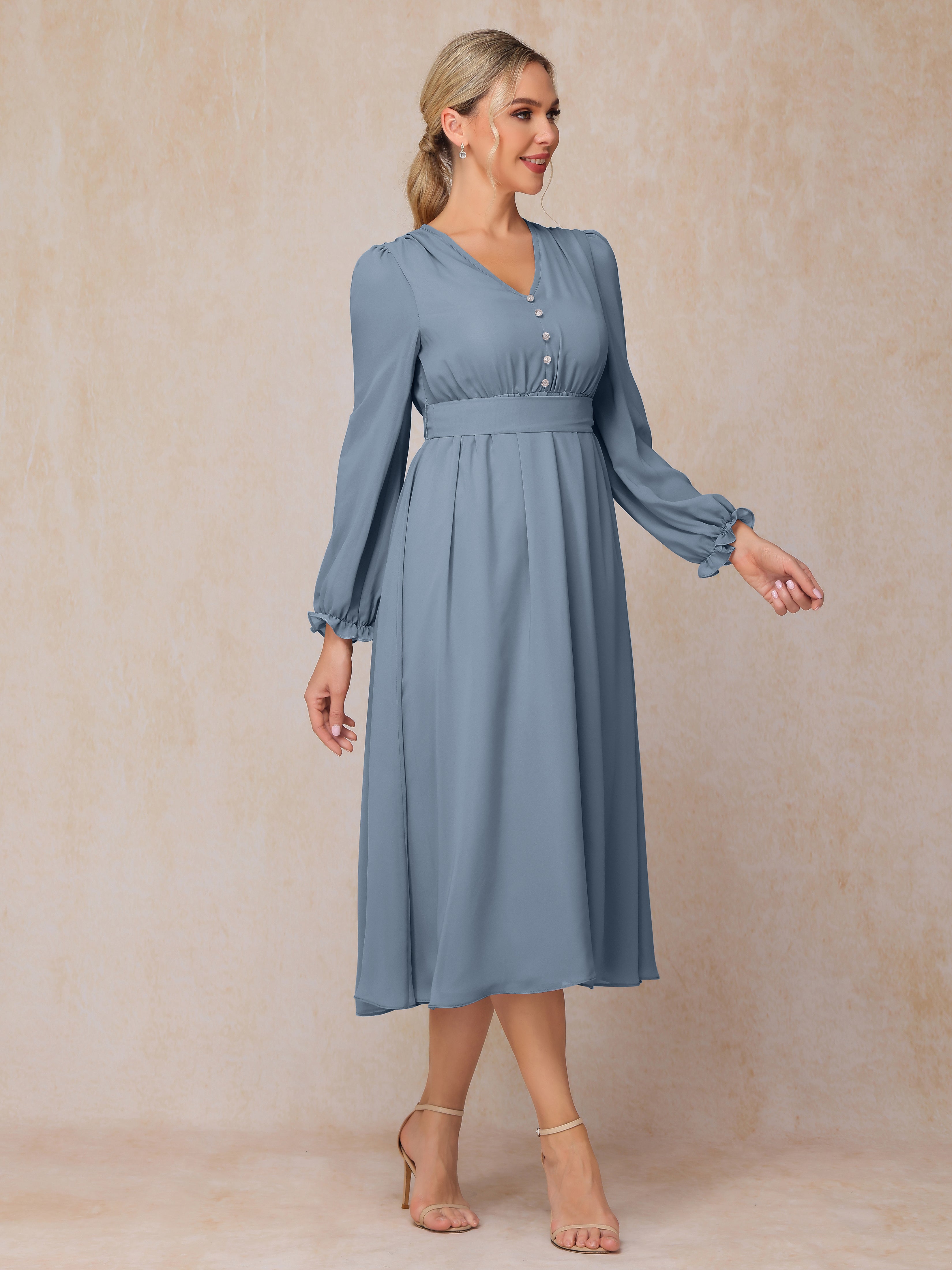 V Neck Long Sleeves Tea Length Chiffon Mother Of The Groom Dress