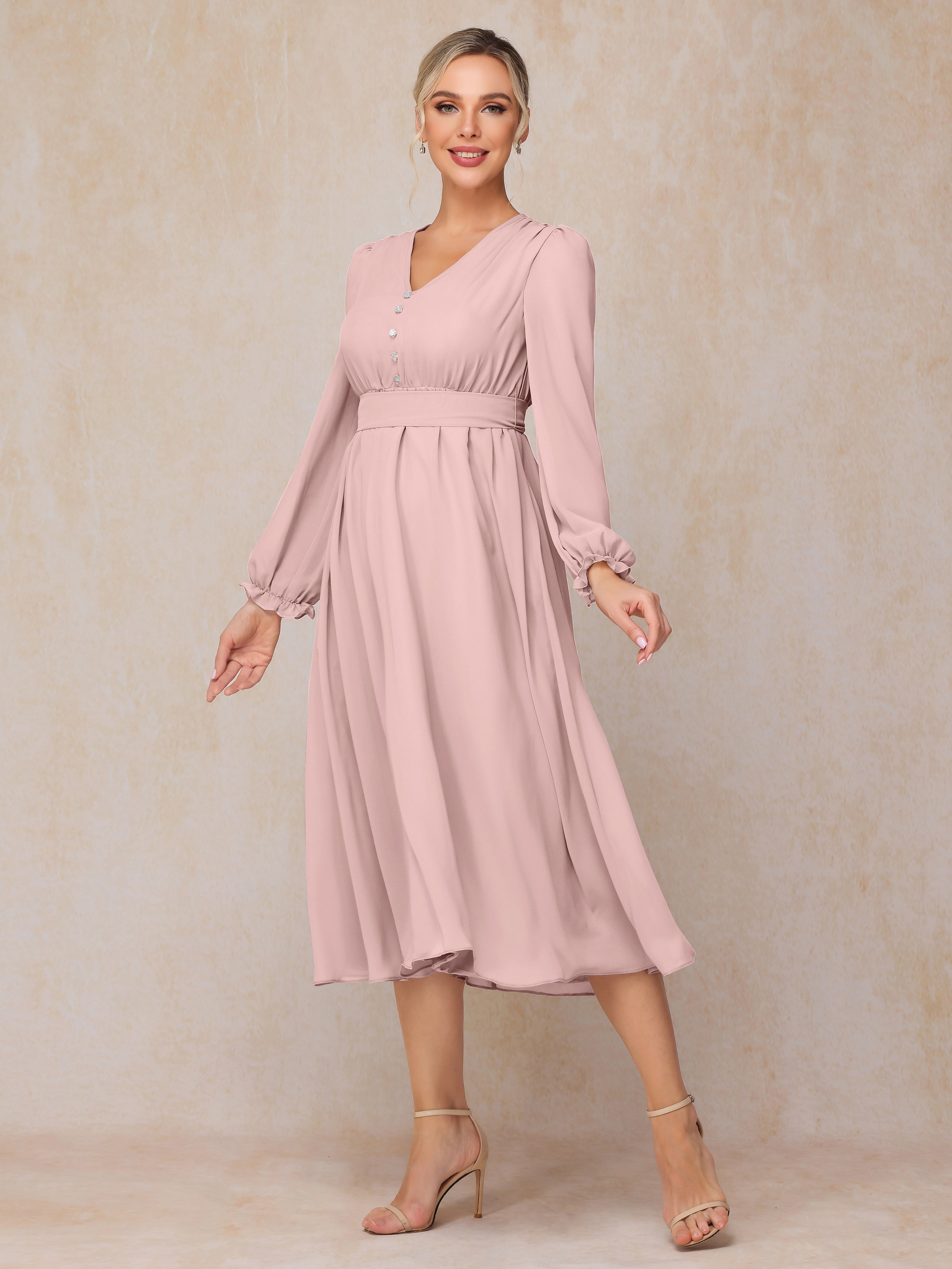 V Neck Long Sleeves Tea Length Chiffon Mother Of The Groom Dress