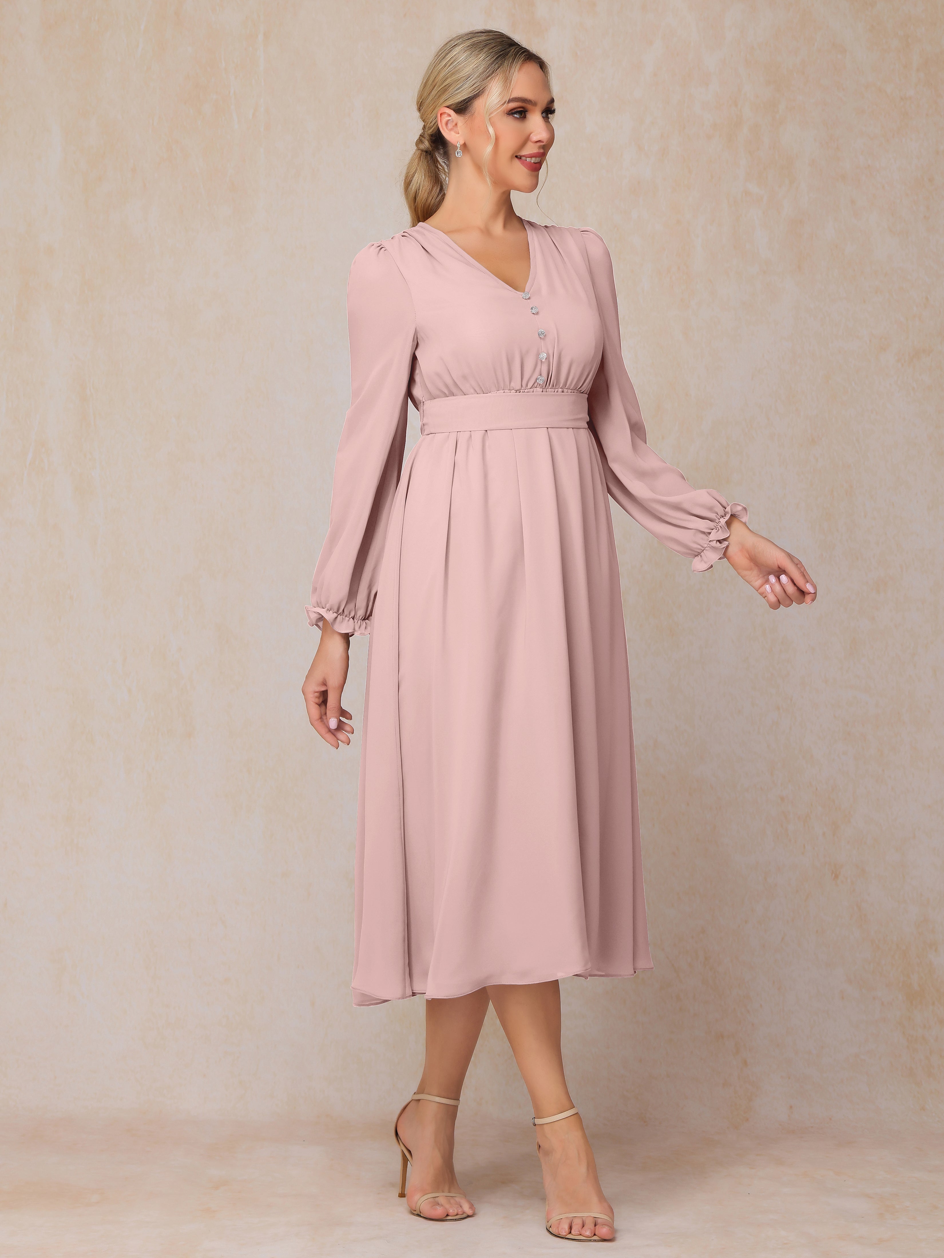 V Neck Long Sleeves Tea Length Chiffon Mother Of The Groom Dress