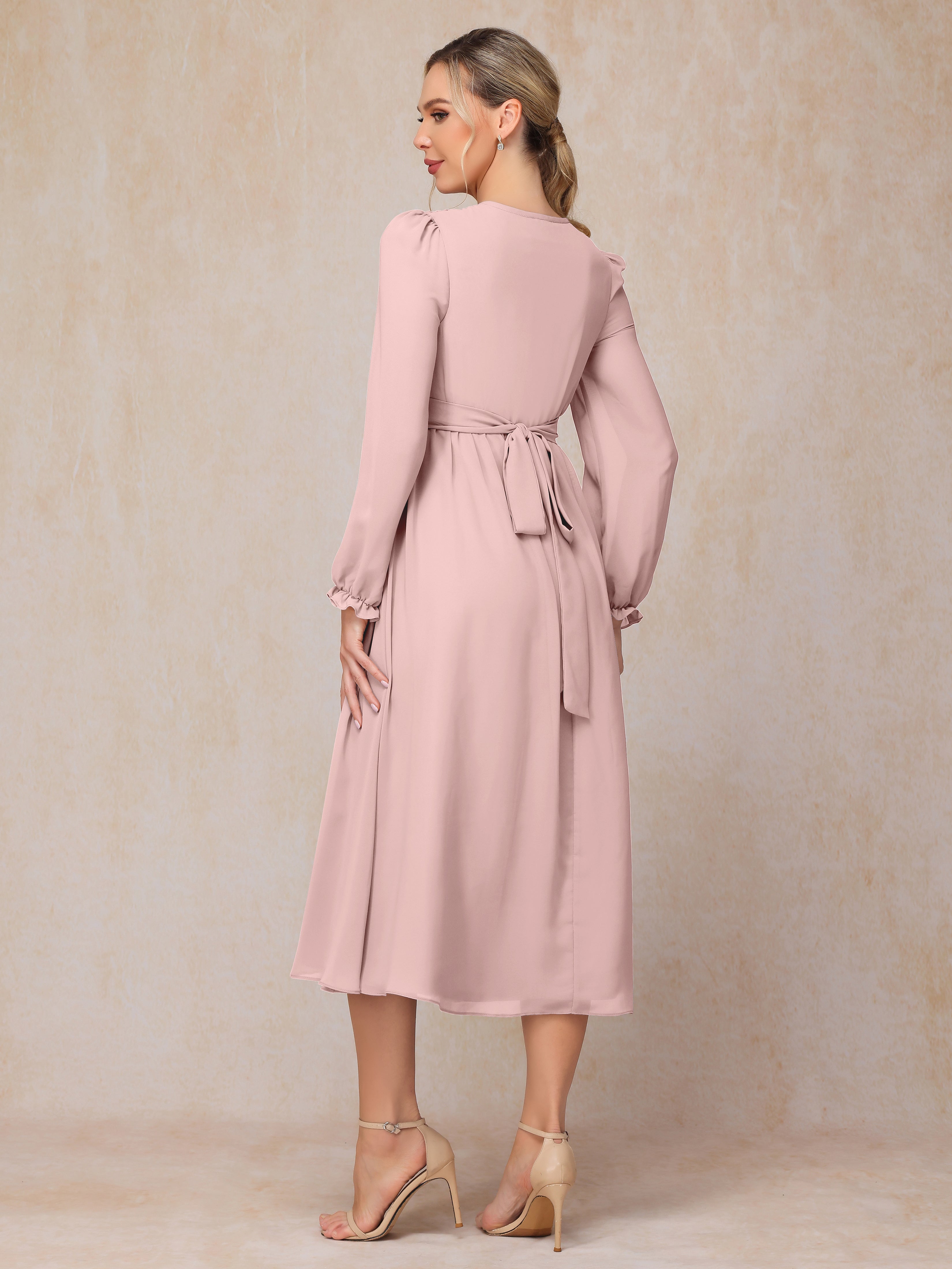 V Neck Long Sleeves Tea Length Chiffon Mother Of The Groom Dress